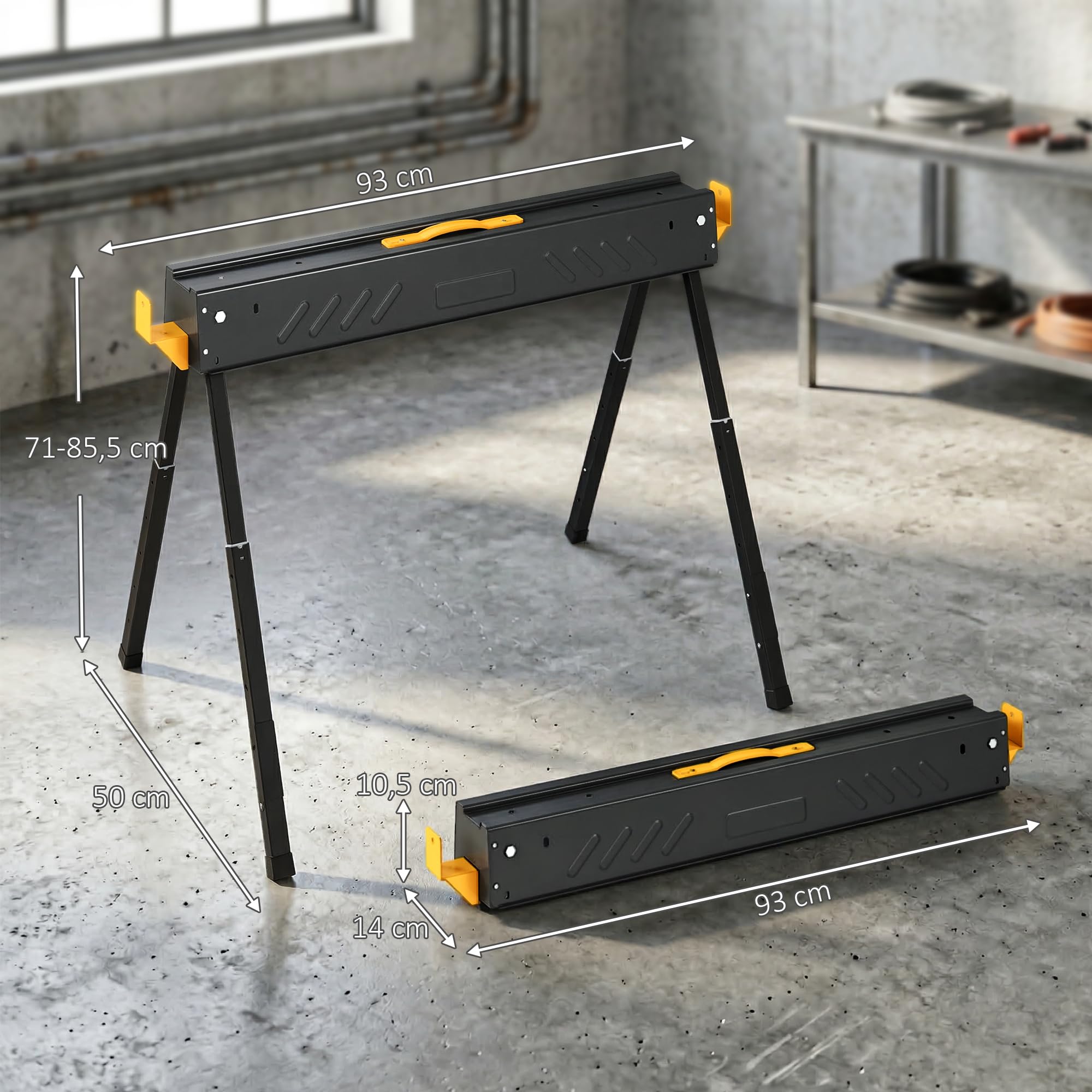 HOMCOM Set de 2 Caballetes para Sierra Plegables, Banco de Trabajo, Altura Ajustable, para Madera 2x4, con Asa, Ganchos, Base Antideslizante, para Carpintería y Bricolaje, Soporta hasta 500 kg, Negro
