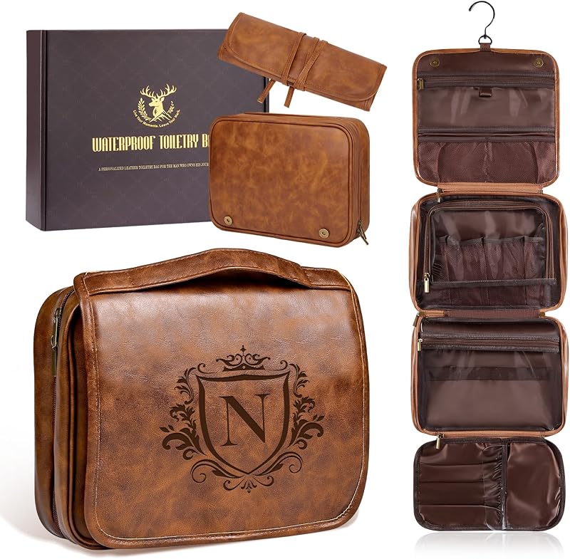 Necessaire masculina suspensa Aganmi em PU e poliéster, 3 em 1, personalizada com inicial, marrom-claro