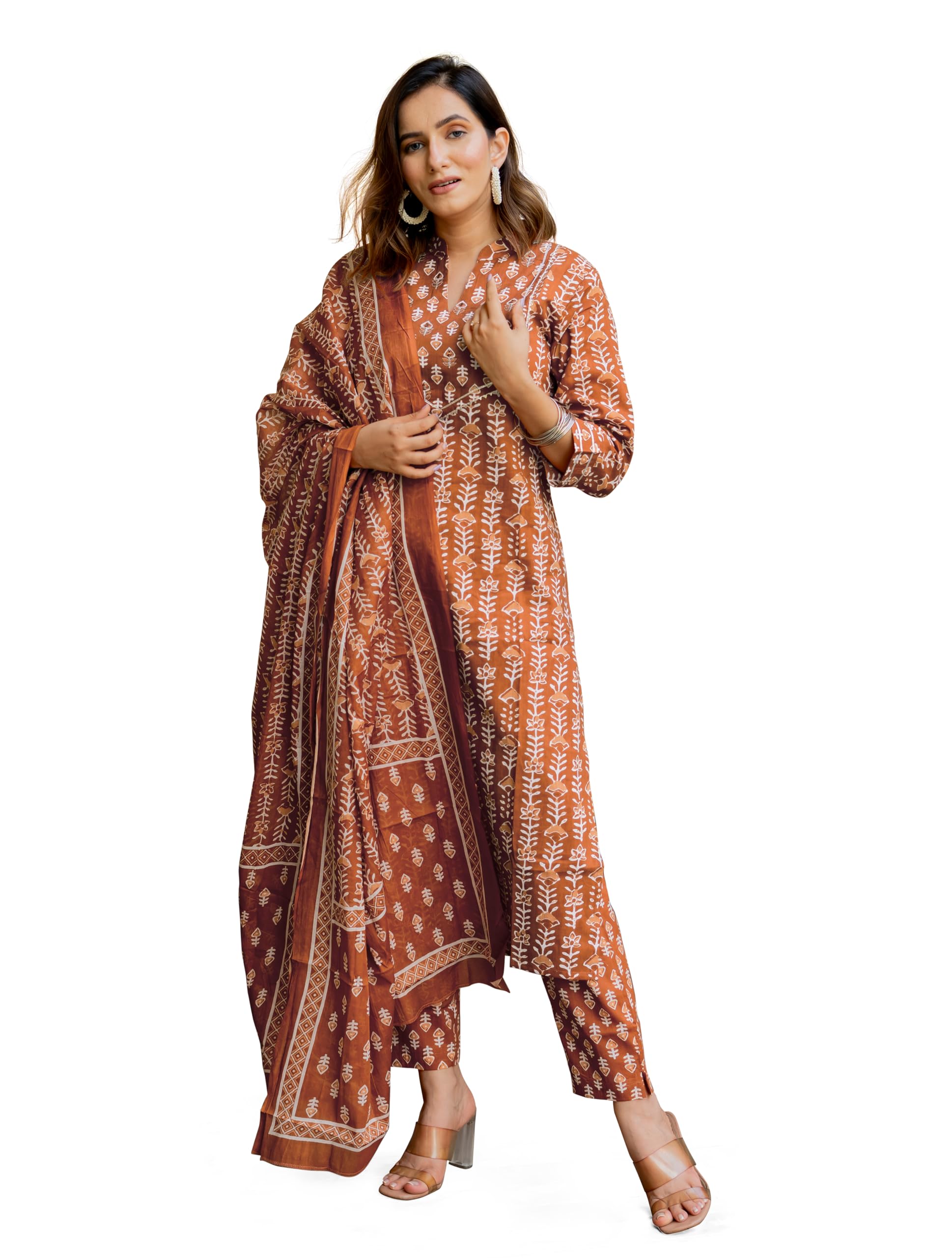 mirchi fashion Women's Stylish Straight Fit Cotton Ajrak Motif Printed Kurta Set with Trouser Pant and Dupatta-picture-14