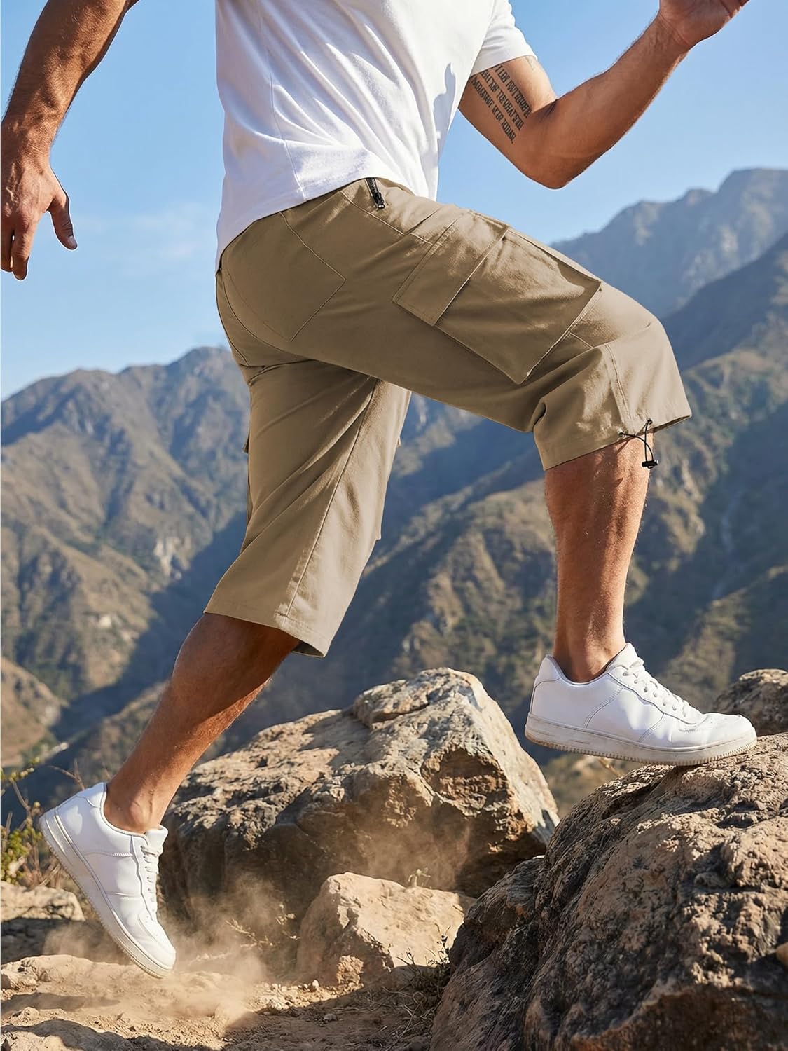 JMIERR Men's 3/4 Length Cargo Shorts Elastic Waist Capri Pants with Zipper Pockets - Image 7