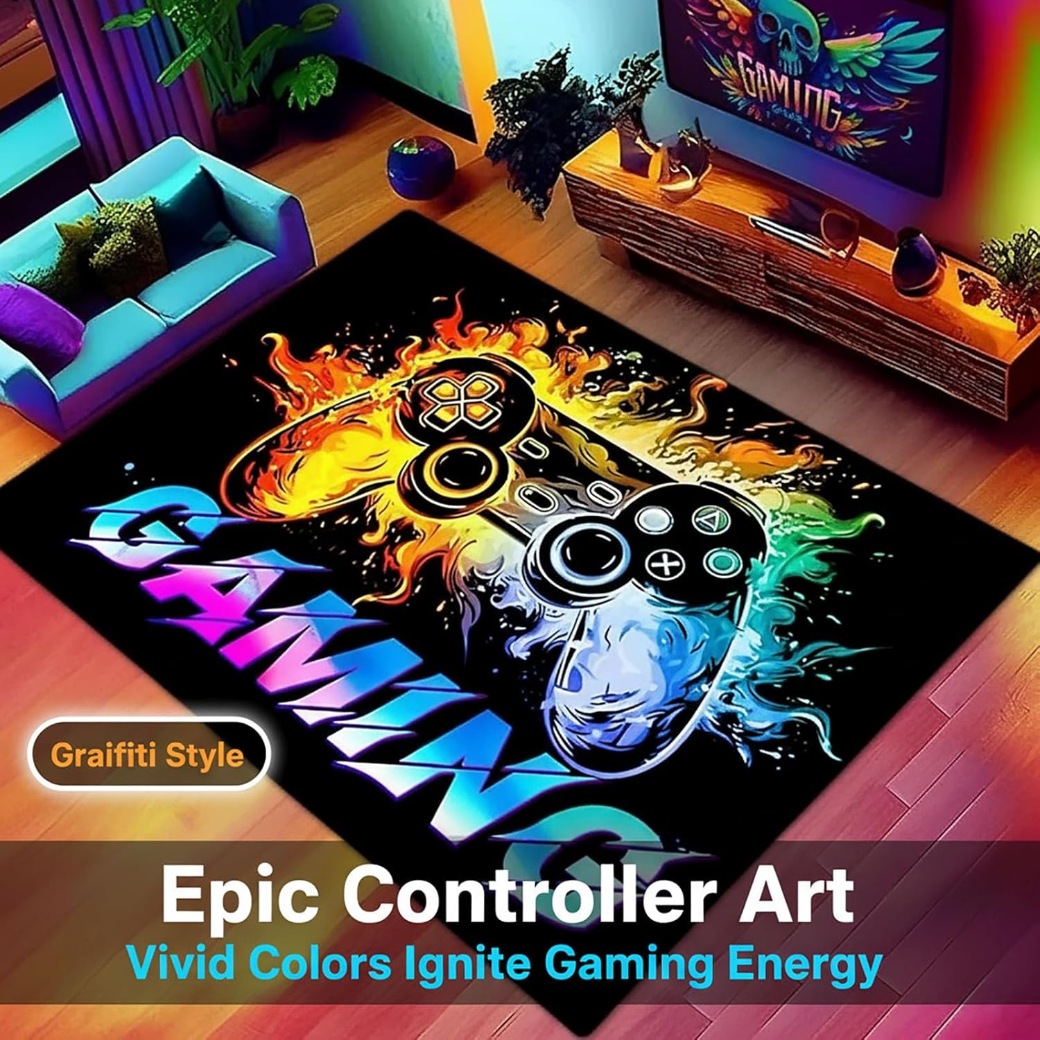 Dowtowter Gamer Rug Non Slip Washable Soft Polyester Carpet Mat for Boys Room Kids Bedroom Game Room Gaming Decor (Black-Letter, 39‘’×59‘’)