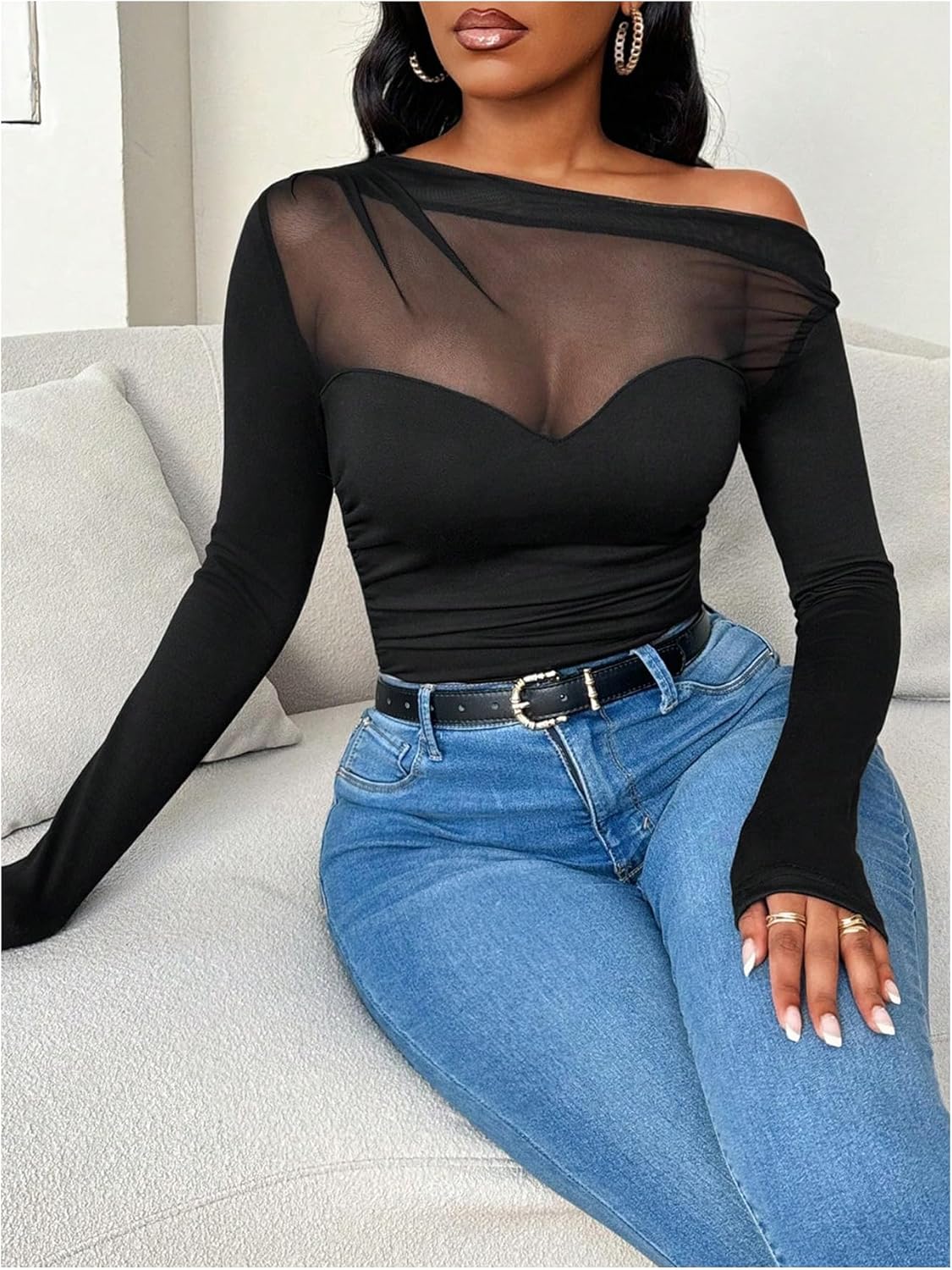 WDIRARA Women's One Shoulder Mesh Long Sleeve Tops Sexy Night Out Shirts - Image 4