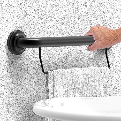 Miniatura 3 de Barandilla de agarre compatible con ADA con toallero, soporte de peso de 500 libras, 1-14 x 16 pulgadas para montaje de perno, negro mate