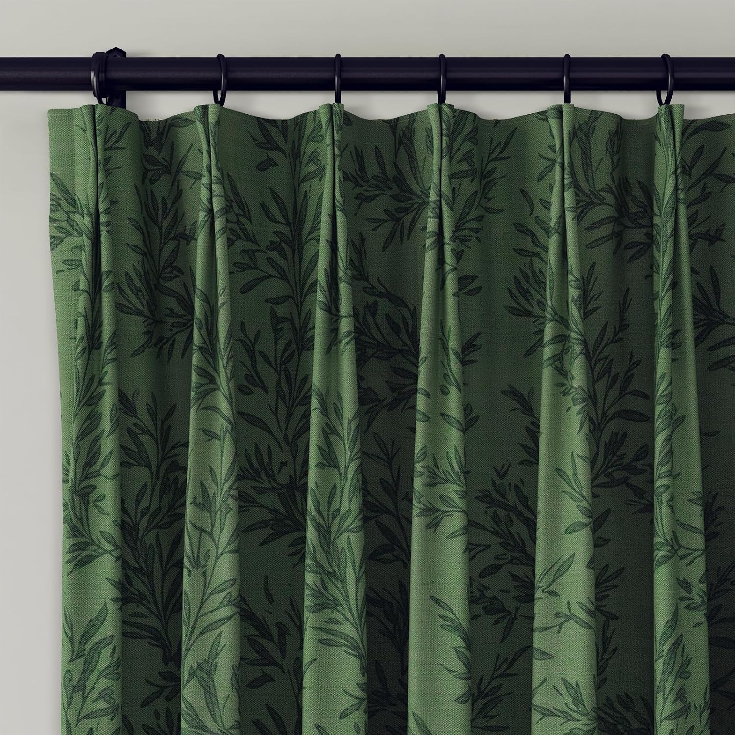 TWOPAGES Pinch Pleat Floral Curtain 84 Inch Long Light Filtering Privacy Drape Linen Textured Printed Curtain for Kitchen Bathroom (Moss, 26W x 84L Inches, 1 Panel)