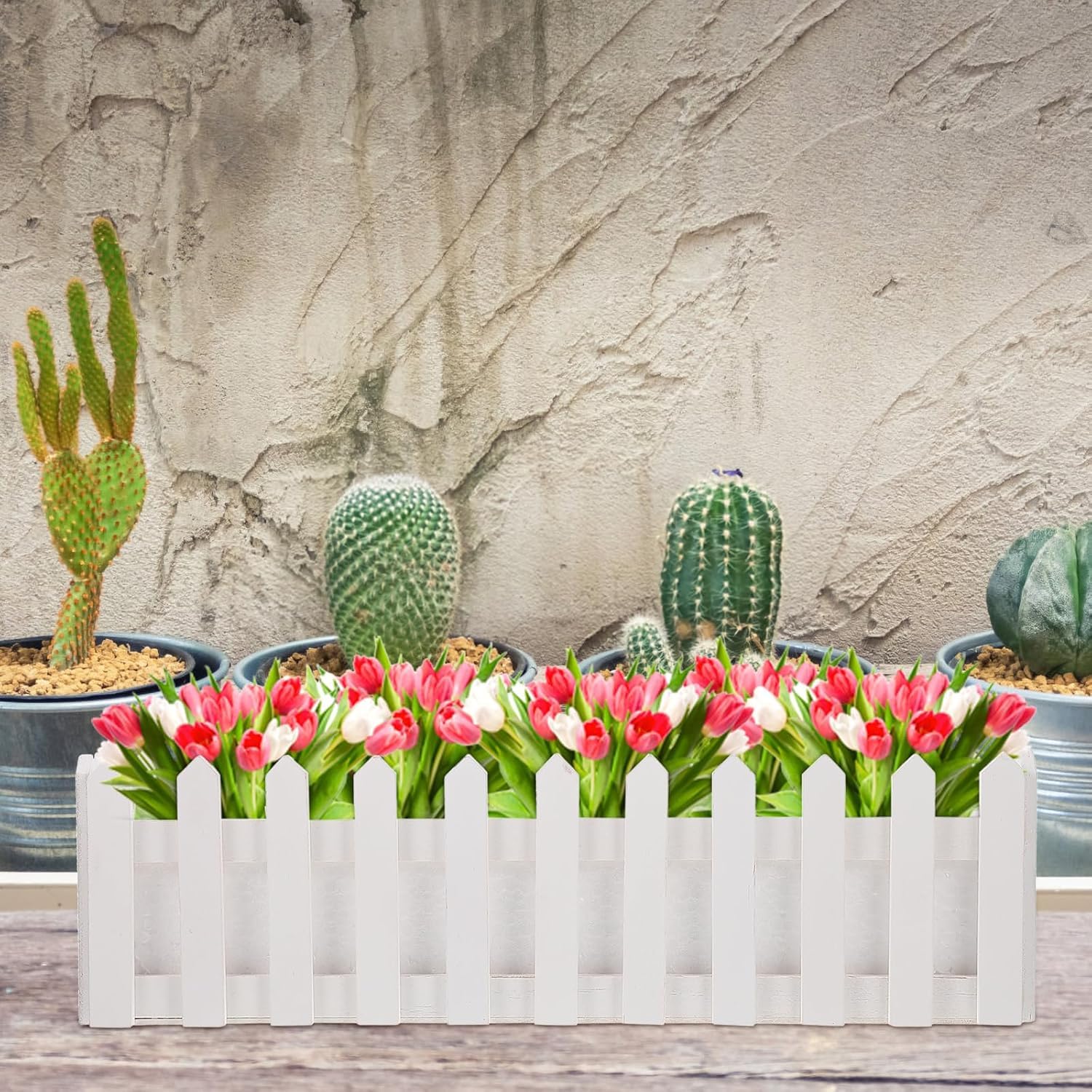 Niltracy Multicolor Wooden Artificial Flower Pot Fence Plant Basket Container - Rustic Decorative Planter For Indoor And Outdoor Garden Decor