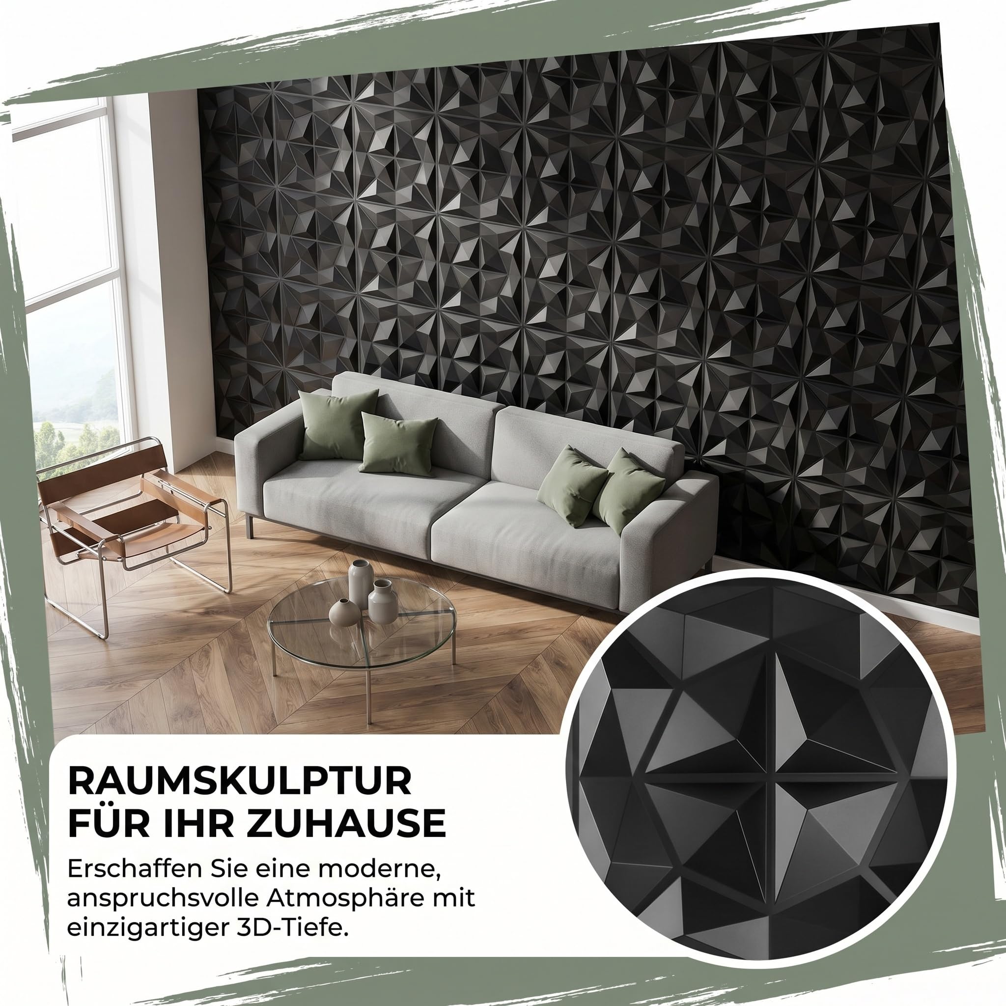 Panele ścienne 3D PCW, 24 sztuki 30 x 30 cm, płyty ścienne 3D ok. 2,16 m², wzór diamentowy w kolorze matowej czerni, odporne na odkształcenia, wodoodporne, do salonu, okładziny ścienne, z taśmą