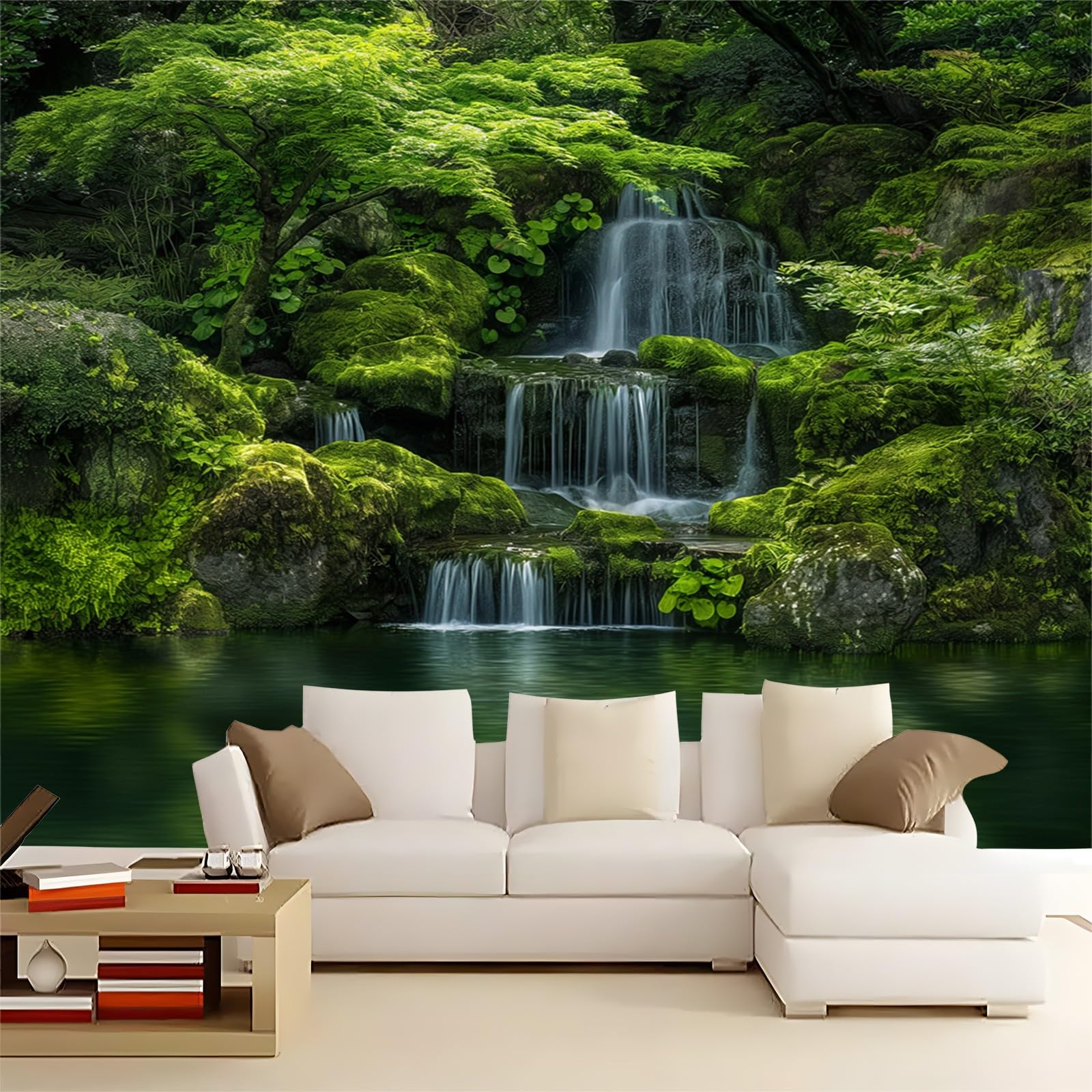3D Papier Peint Cascade de Jardin Japonais Papier peint panoramique Vert- Pour Salon Chambre Chambre D'Enfant Décoration Murale Poster 350x256cm