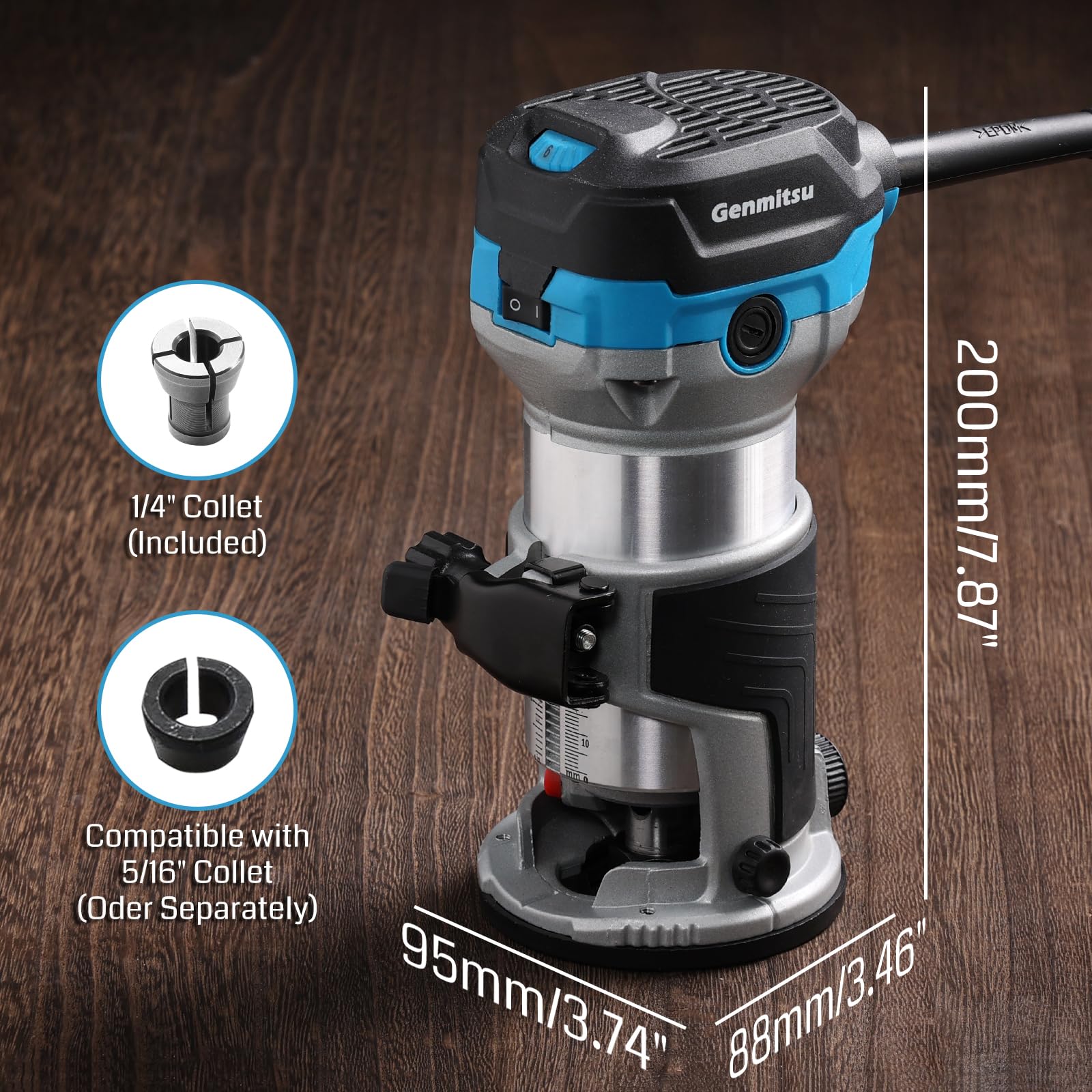 Genmitsu Défonceuse à paume 1,25 HP, outil à bois compact avec base fixe, 6 vitesses variables 10 000-30 000 R/MIN, avec pince 1/4", parfait pour le travail du bois CNC et les projets de bricolage
