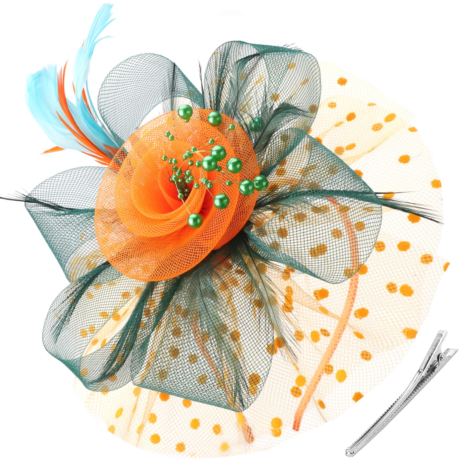 DRESHOW Fascinators Hat Flower Mesh Ribbons Feathers on a Headband and a Clip Tea Party Headwear for Girls and Women