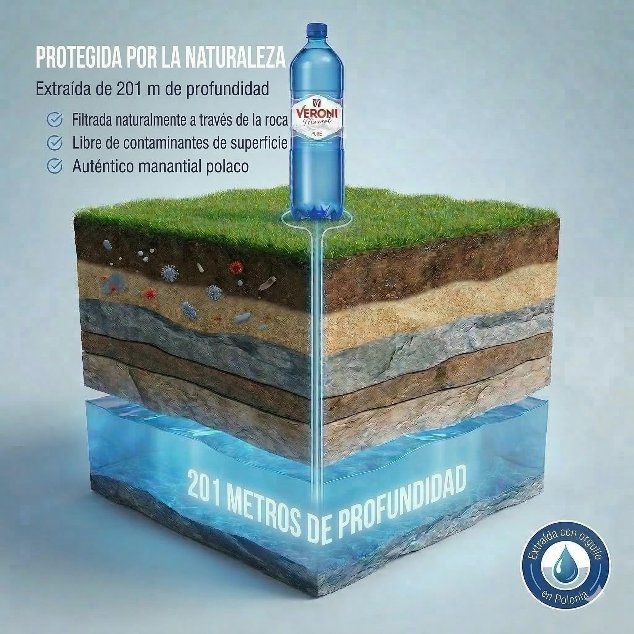 Agua mineral natural Veroni, 6 botellas de PET de 1,5 litros - Agua mineral procedente de un manantial a 201 metros de profundidad en Radom, Polonia.