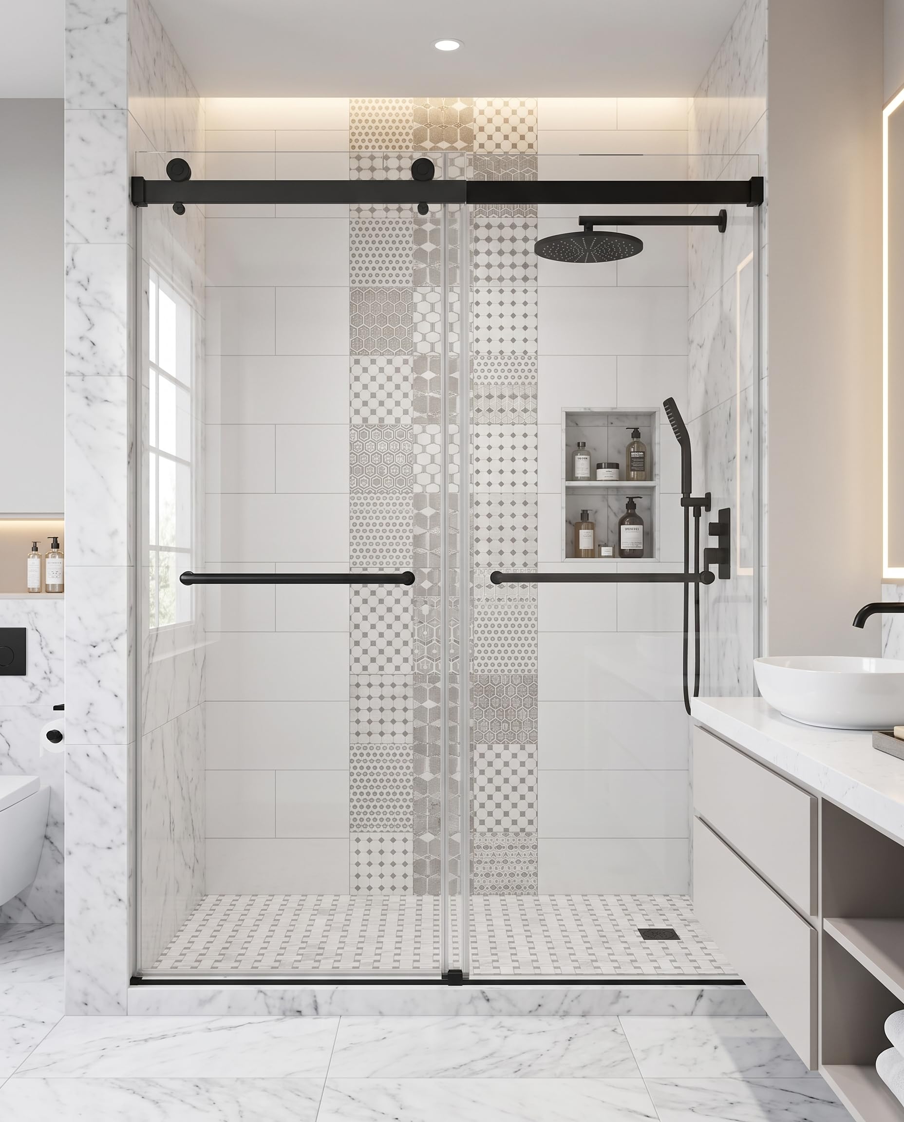 Photo 1 of JONIVRAT Frameless Double Sliding Shower Door, 50-54" W x 76" H, Matte Black