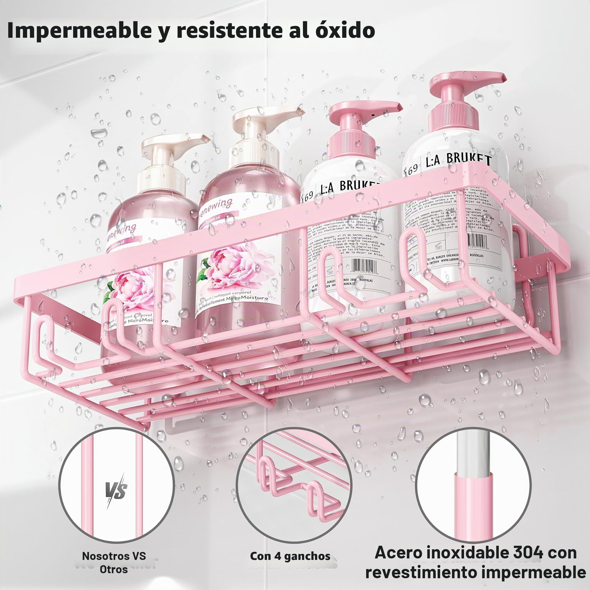 Liuoud Paquete de 5 estantes organizadores de ducha para regadera interior, cesta de almacenamiento adhesiva de pared de baño de acero inoxidable, soporte de champú de acero inoxidable, juego de