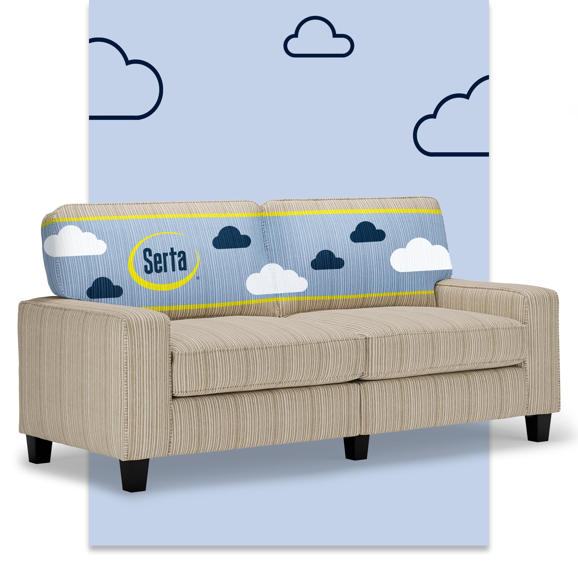 Serta Palisades 73" Track Arm Sofa, Easy Care Polyester, Soft Pillow Back, Pocket Coil Seat Cushions, Removable Covers, Loveseat or Couch for Small Spaces, Living Rooms or Bedrooms, Beige