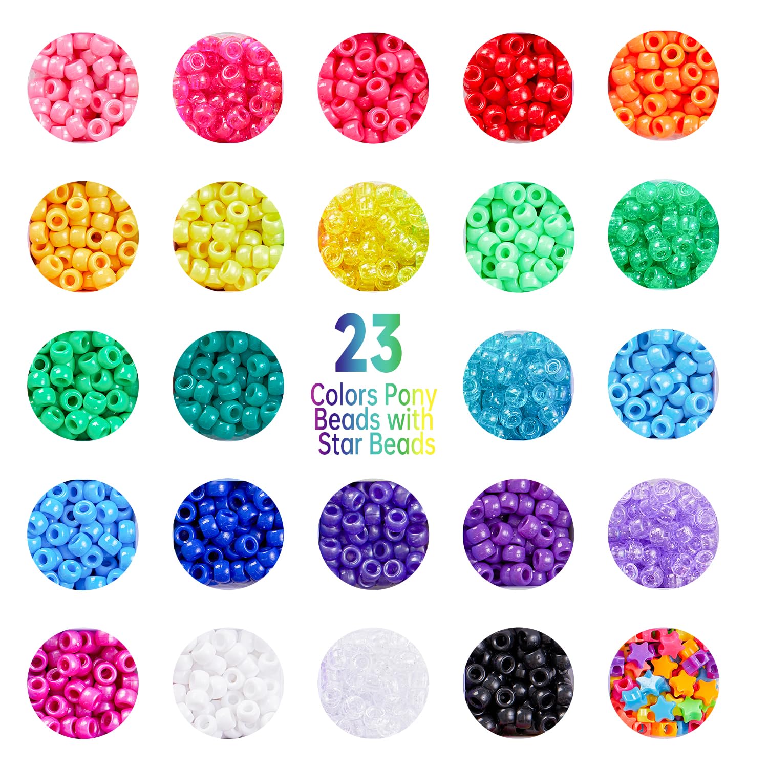 INSCRAFT Set di perline Pony da 9 mm, 3300 pezzi, in 23 colori, con lettere e stelle, corda elastica per la creazione di braccialetti e gioielli