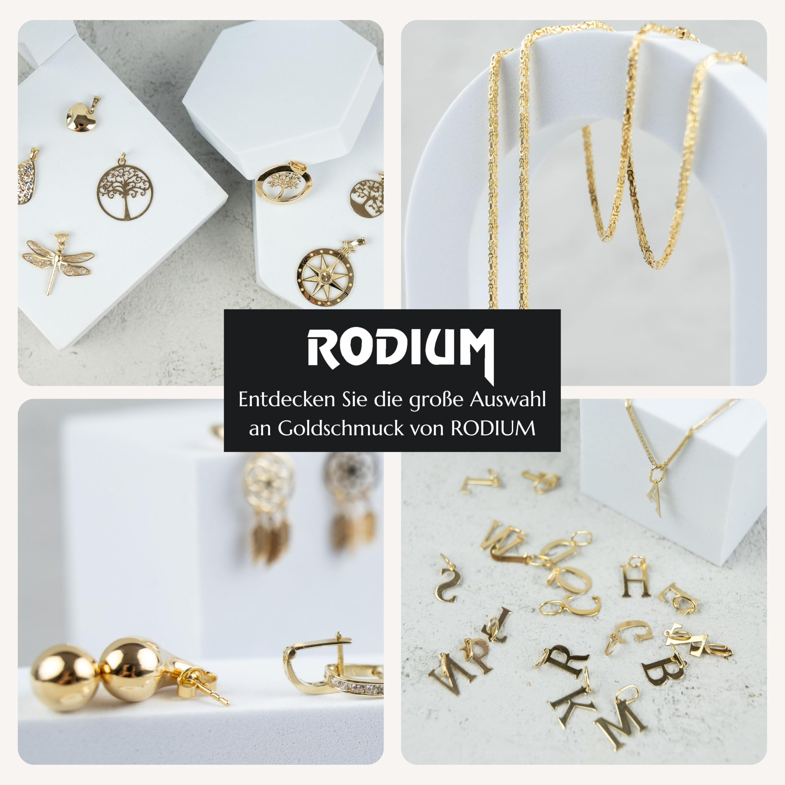 Rodium - Goldkette set mit Perlmutt-Quadrate, Einstellbar, 14 Karat Gold/ 585er Feingehalt, Ideales Geschenke für Damen
