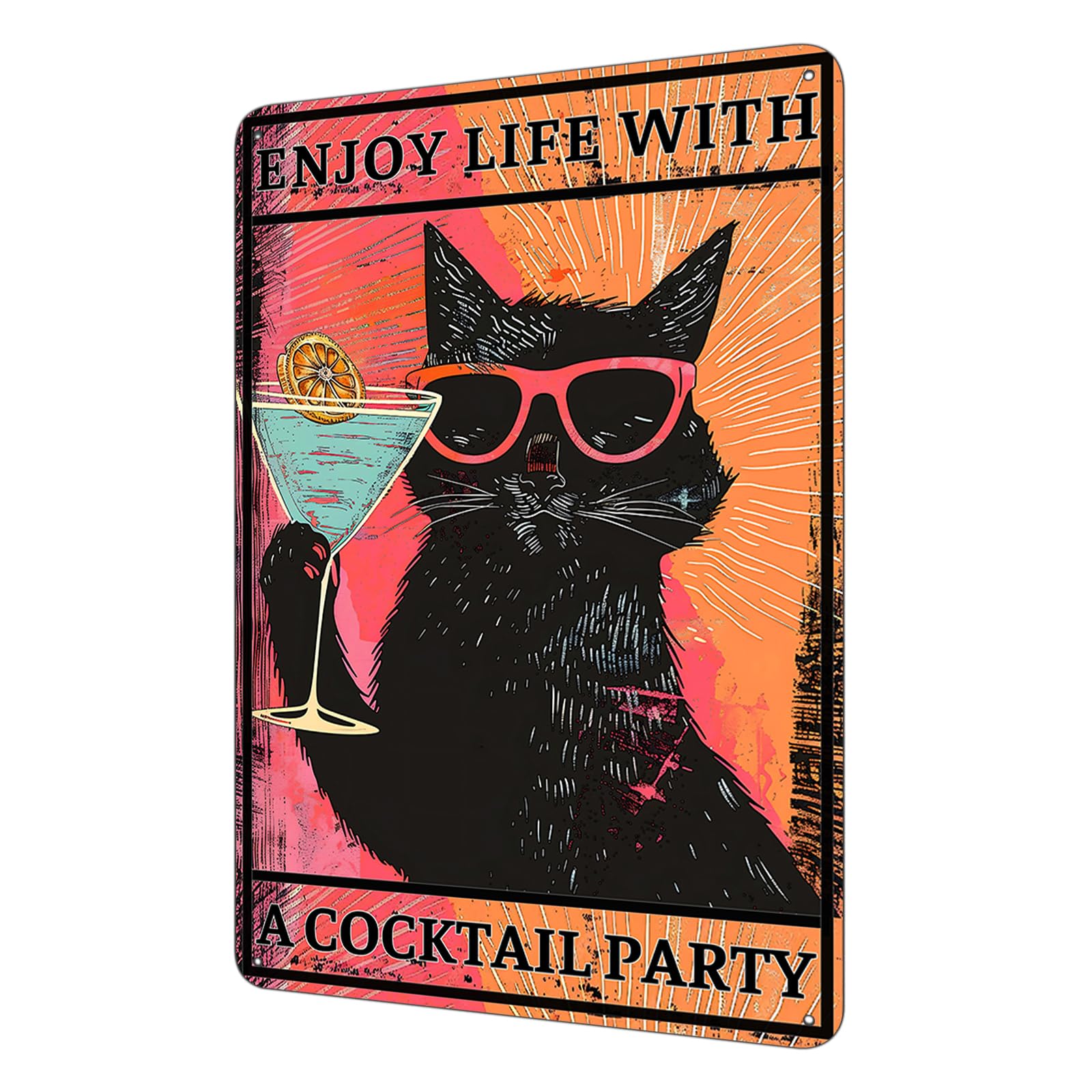 Vintage Funny Black Cat Sign, ENJOY LIFE WITH A COCKTAIL PARTY Cat Metal Sign For Wall Decor for Bar/Home, A Cat With Glasses Holding a Cocktail Cat
