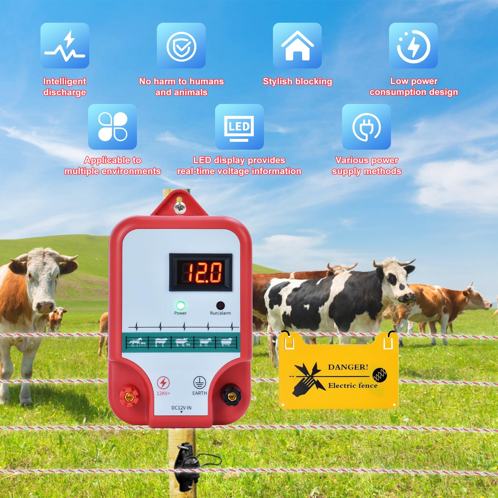 15KM Pastor Electrico, cerca eléctrica Controlador de pulso de alto voltaje seguro Granja de animales Cerca eléctrica Pastor Granja de animales Pastor eléctrico (Rojo)