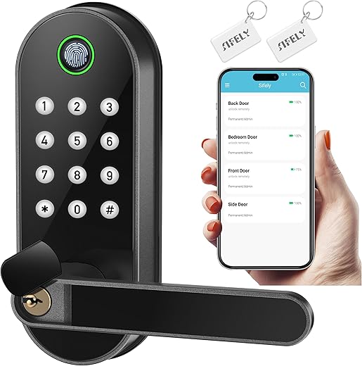 Keyless Entry Fingerprint Smart Lock with Handle & Keypad: Sifely Biometric Digital Electronic Lock with Code, Electric Deadbolt Door Knob for Front, Interior, Exterior & Bedroom Doors (Black)