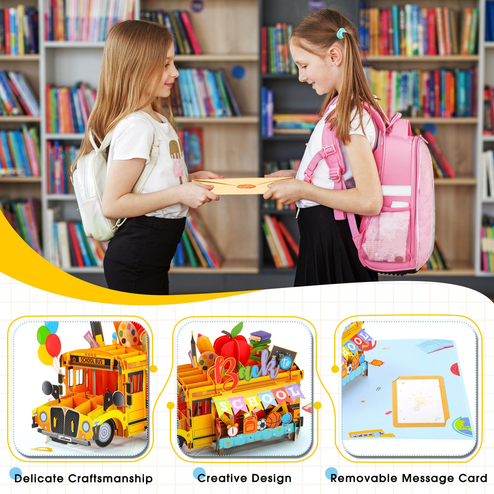 Teling Tarjeta desplegable de regreso a clases con sobre para niños, tarjeta de felicitación 3D para el primer día de escuela, autobús escolar, tarjetas de regalo para estudiantes de aula, nota de