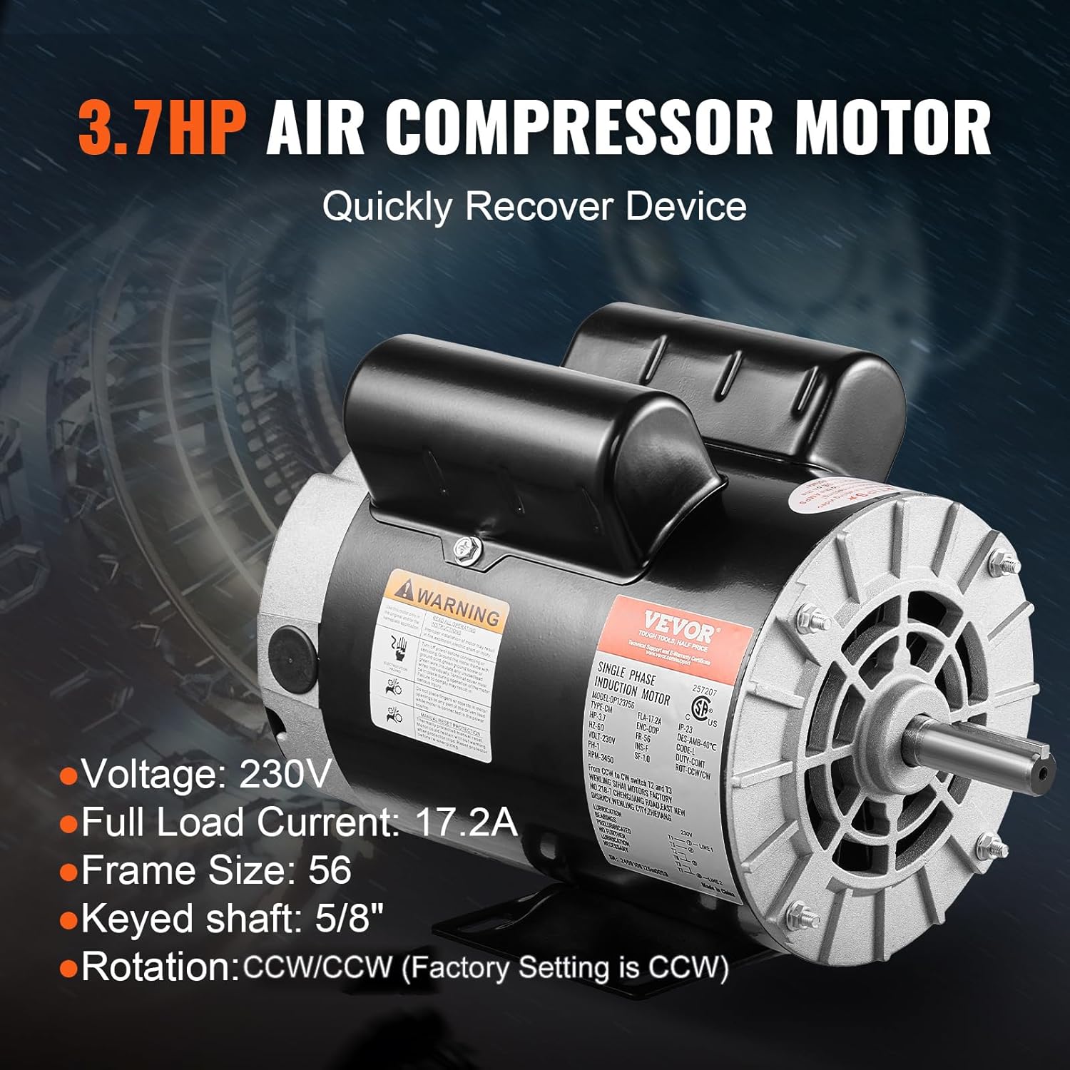 VEVOR 3.7HP Air Compressor Motor, 3450RPM Electric Motor, 230V 17.2 Amps, 5/8" Keyed Shaft 56 Frame, 1.88" Shaft Length, Single Phase, CCW/CW Rotation (Factory Setting is CCW)