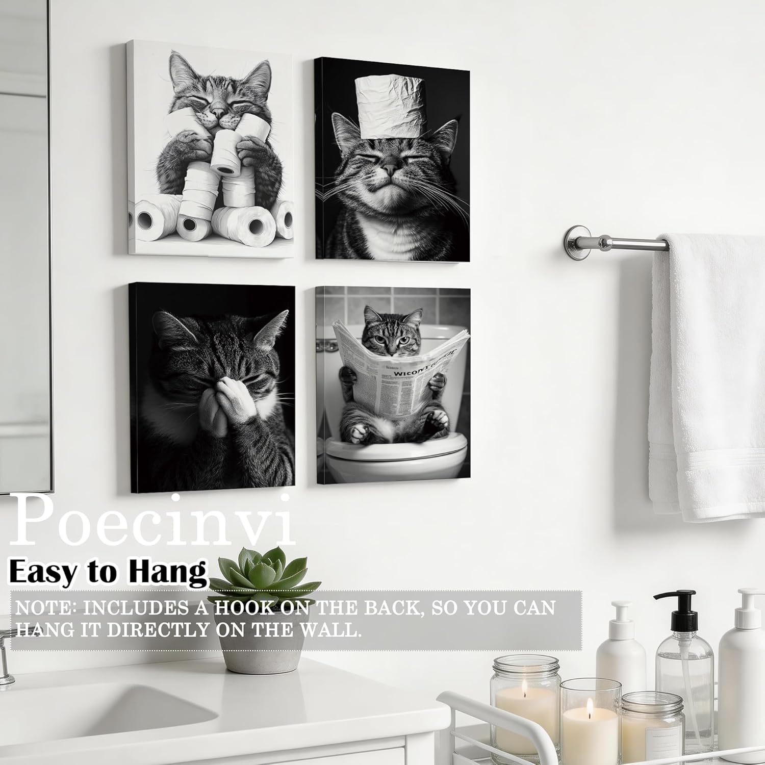 Poecinvi Funny Tabby Cat Bathroom Canvas Wall Art Framed Set of 4, Cat Bathroom Decor, Black and White Cats Wall Art Posters for Bath Room Washroom Restroom Decor, 8x10