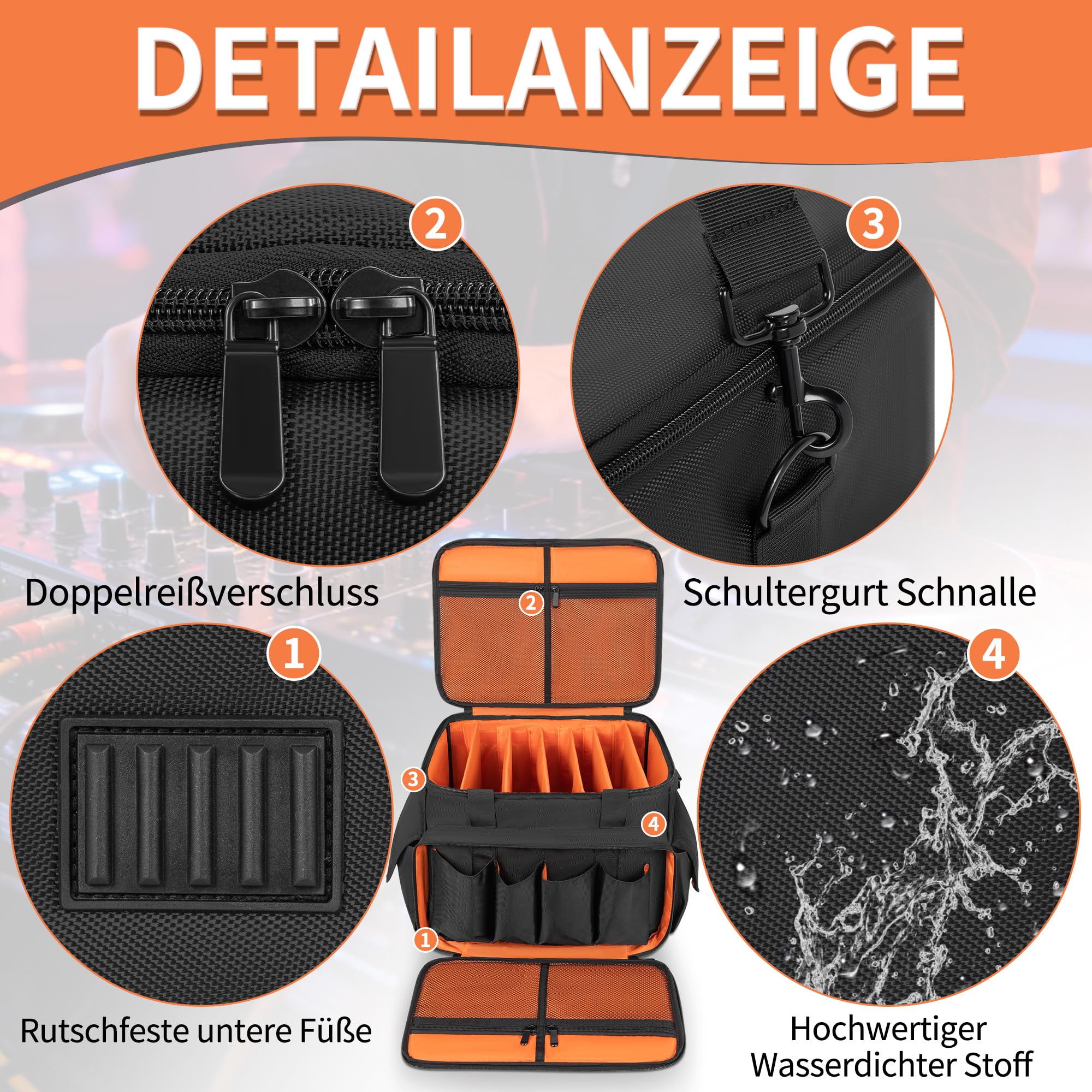 DJ Tasche Kompatibel mit Abnehmbaren Trennwänden und Boden, DJ Organizer Tasche für DJ-Equipment, Laptop und Musiker Zubehör, Orange (25 x 35 x 30 cm)