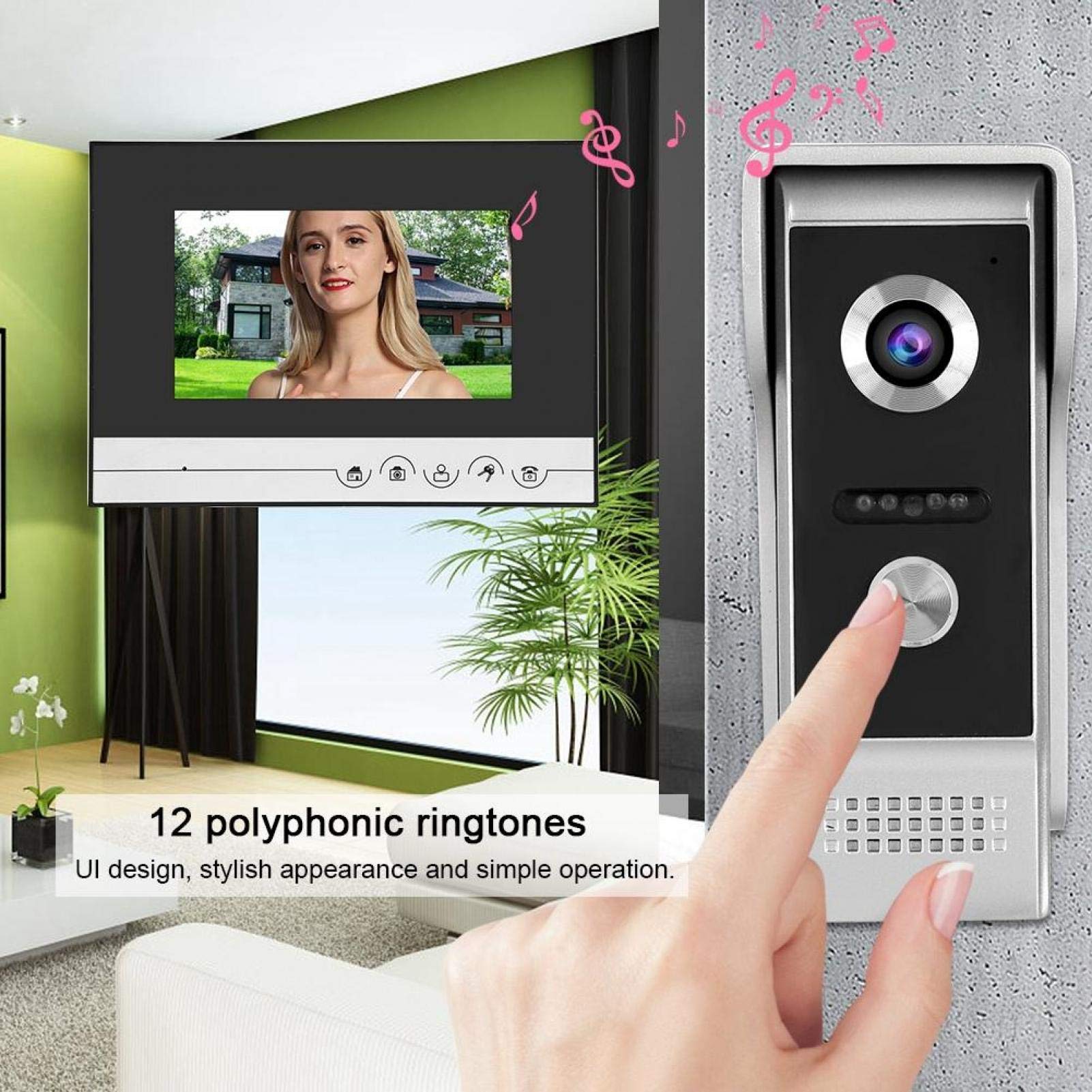 Videocitofono Videocitofono da 7 pollici Monitor LCD Videocamera per visione notturna Kit campanello con cavi di collegamento per appartamento da casa, 12 accordi Suoneria(Unione Europea)