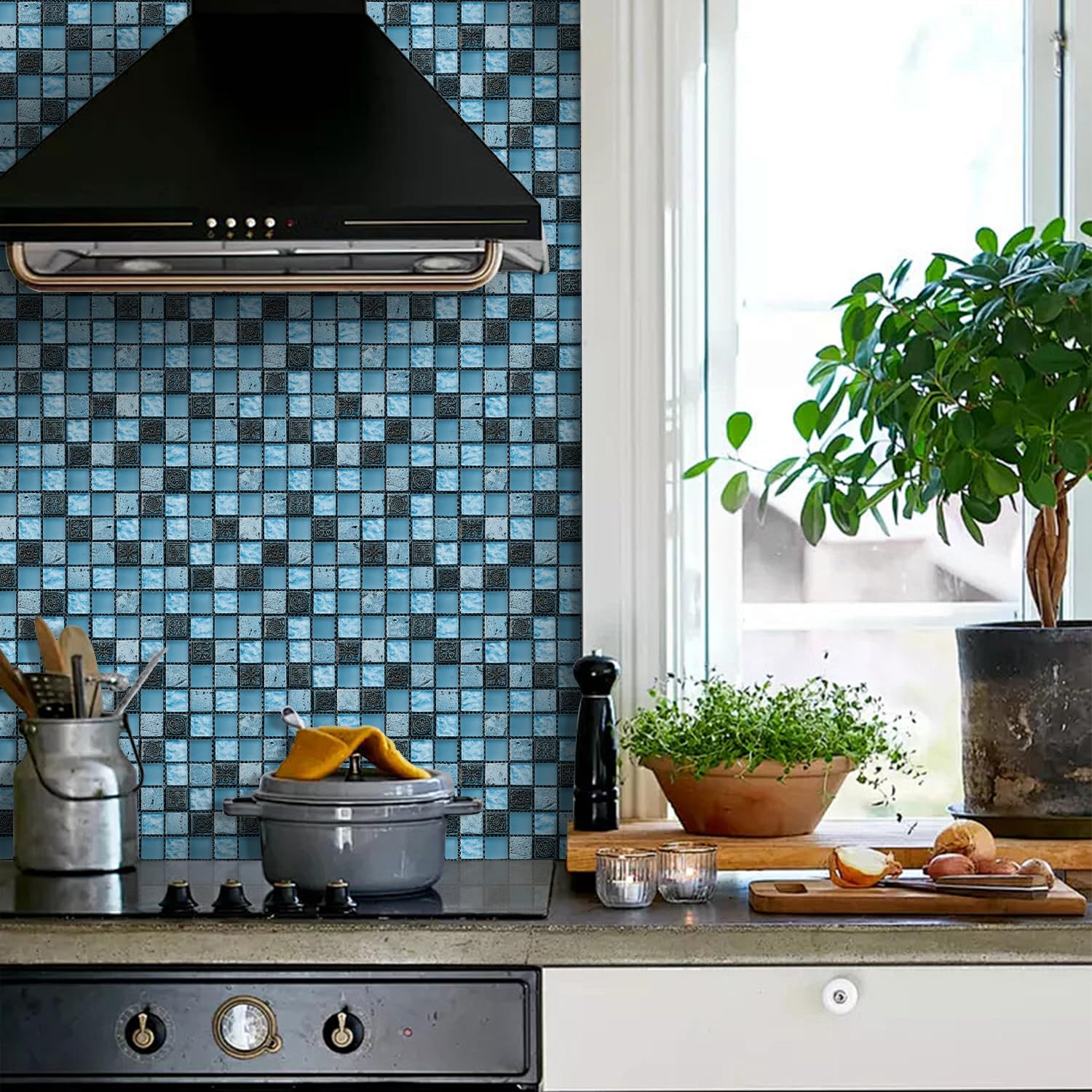 Carrelage adhésif décoratif raffiné effet marbre bleu mosaïque pour salle de bain, cuisine et décoration intérieure. PVC imperméable et résistant à l'huile. Facile à poser et à décoller. Lot de 30 (15