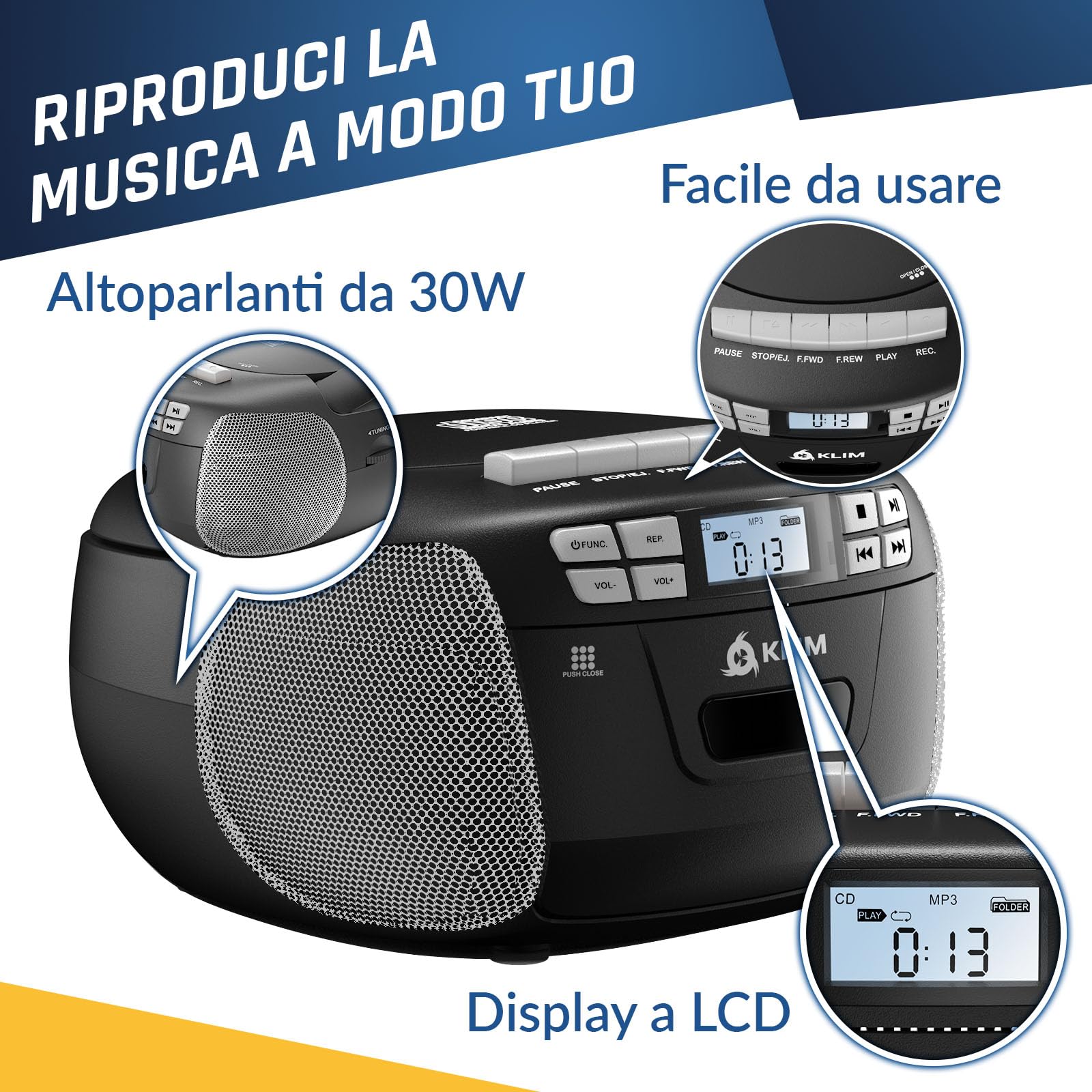 KLIM Lettore CD - Lettore Cassette Audio, AM/FM Radio Bluetooth, Stereo CD Player, Remota, Registrazione Su Nastro, USB Drive, AUX, Radio Stereo Casa Alimentazione AC/DC - Argento