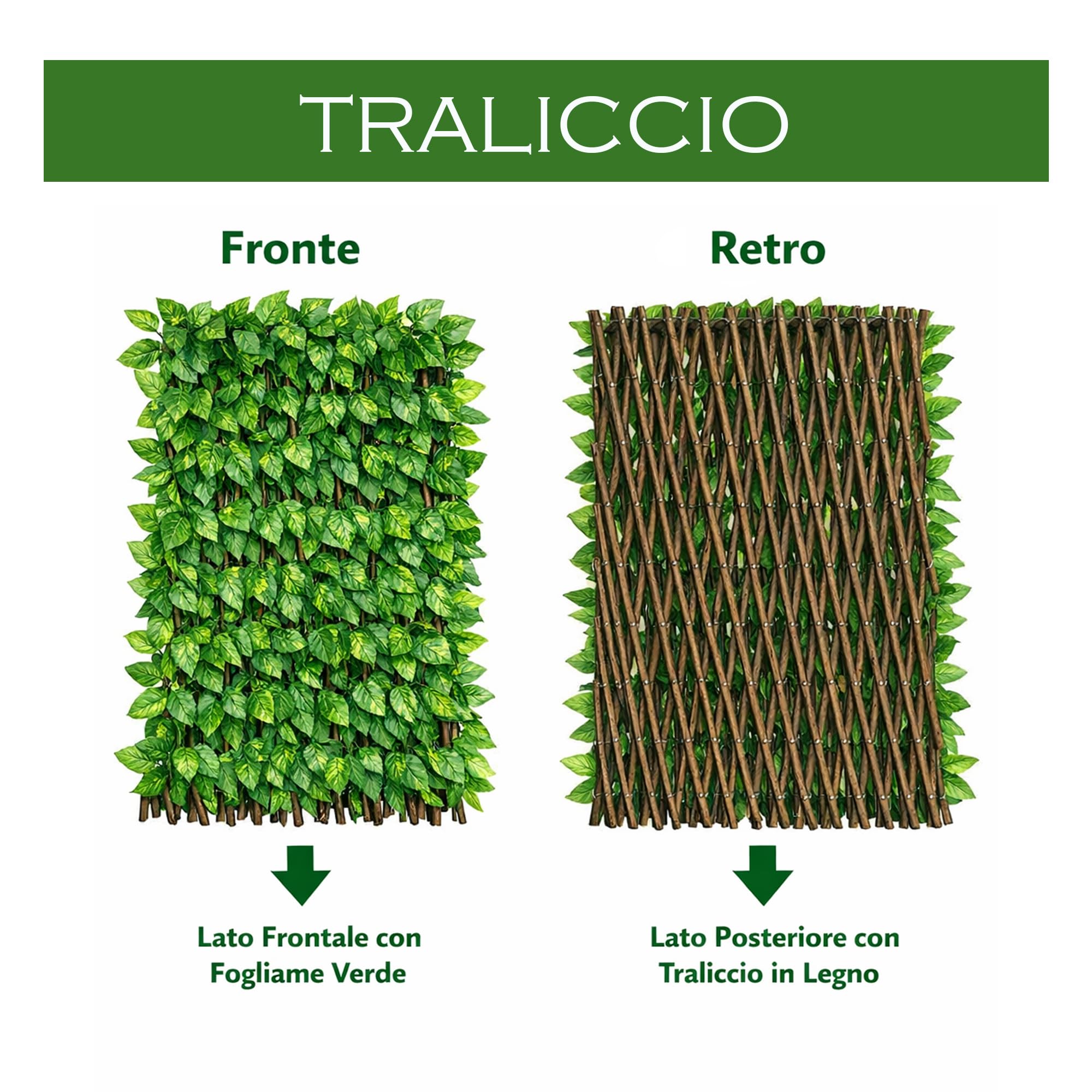 Siepe Artificiale Con Foglie Su Traliccio Estensibile in Legno Salice Divisorio Ringhiera Recinzione Edera Giardino Frangivista Ornamentale Sintetica Balcone 1x2 mt (1 Pezzo)