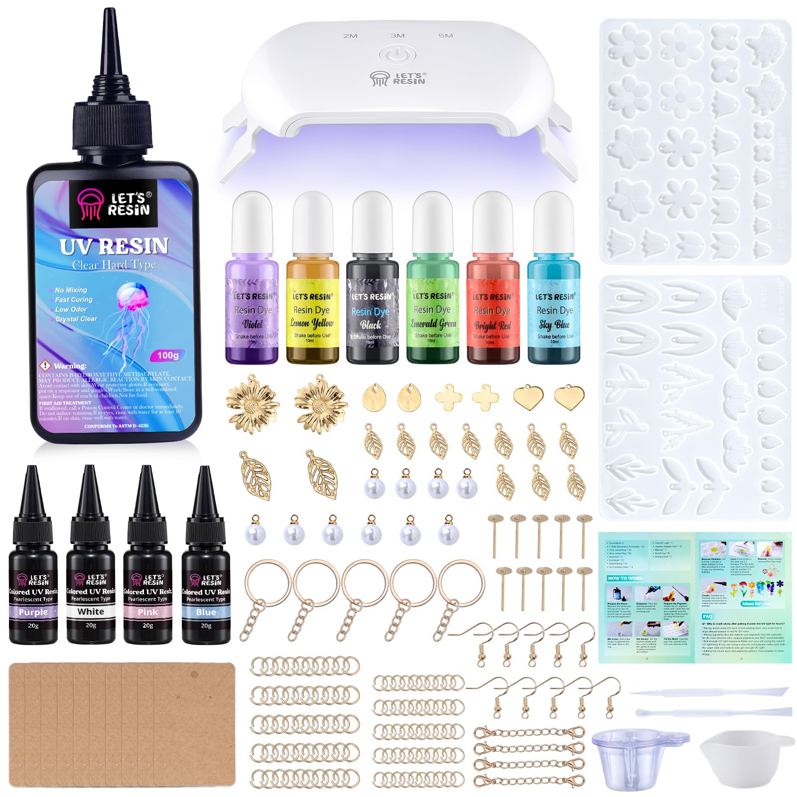LET'S RESIN Kit in resina UV con luce, kit per la creazione di gioielli floreali con stampi in resina, coloranti in resina, ciondoli e gioielli per portachiavi, orecchini, collane, ciondoli