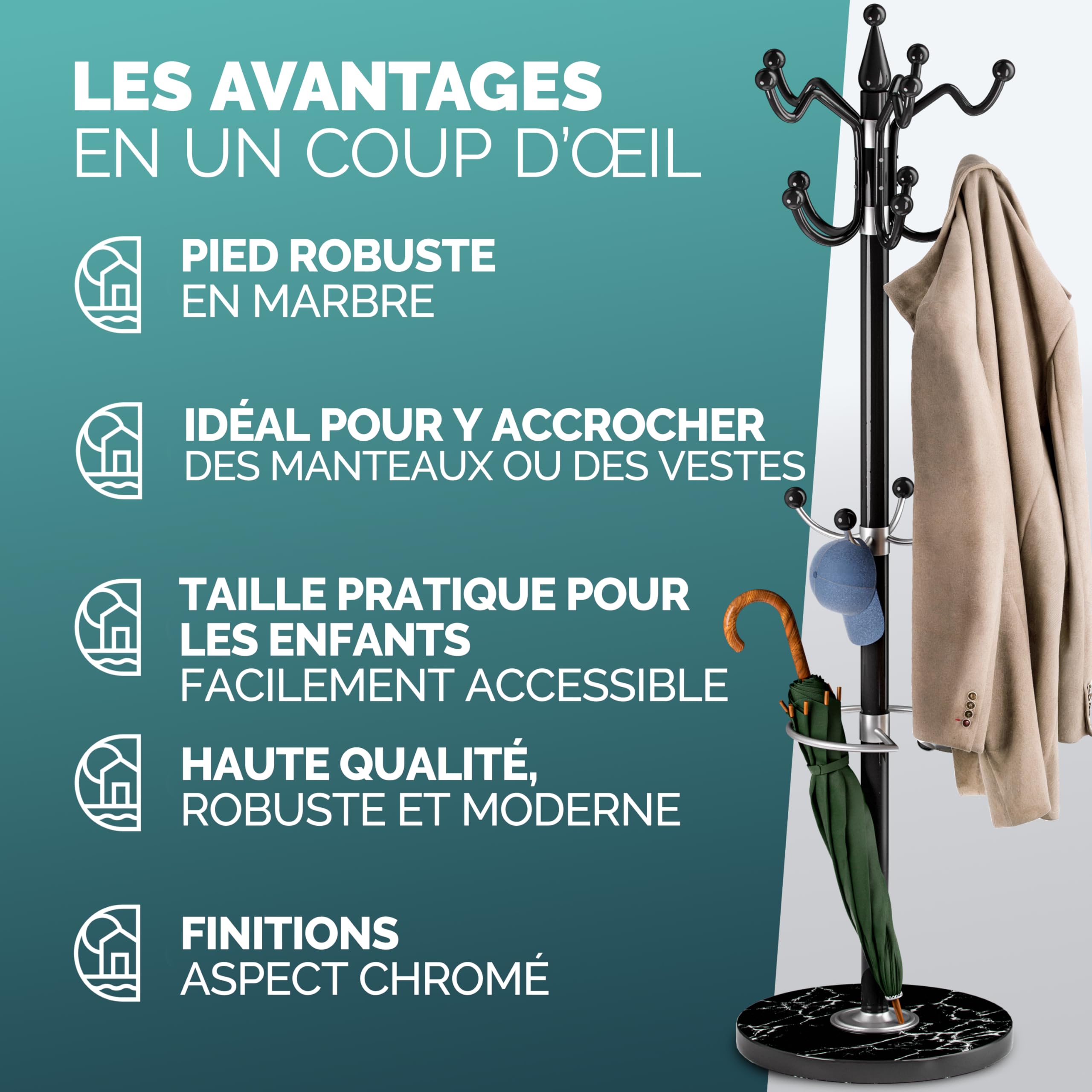 Casaria® Porte-manteau avec socle Noir en marbre 14 crochets 37x37x175cm portemanteau sur pieds stable tête pivotante