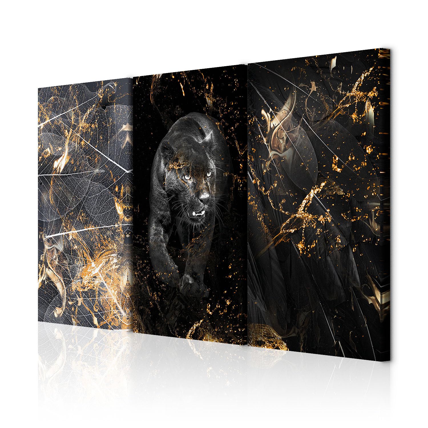 decomonkey Quadri Moderni Soggiorno Astrazione Nero, 3 pezzi, 120x80 cm | Tela strutturata su telaio in legno, decorazione per camera da letto e ufficio, animali, giaguaro, piante