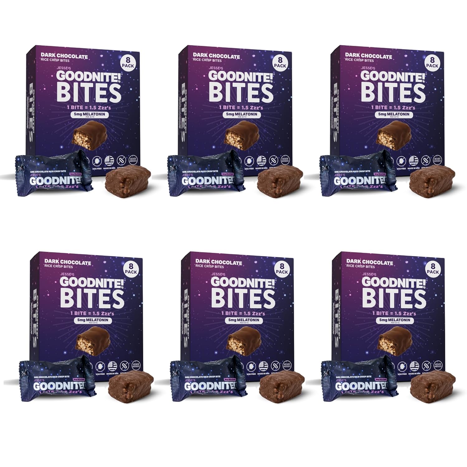 GOODNITE! Sleep Bites VALUE PACK – 6 Cartons (48 Bites) with 5mg Melatonin per Bite – Dark Chocolate Protein Snack for Deeper Sleep – Vegan, Gluten-Free, Kosher Ingredients