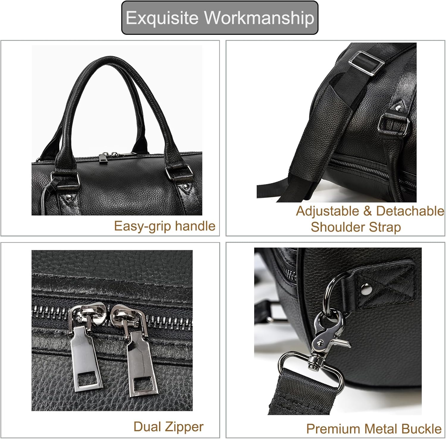 Leather Travel Bag for Men Large Capacity Luggage Duffel Bag with Shoe Compartment, Weekend Handbag for Holiday Business Trip 45cm, Black - Image 7