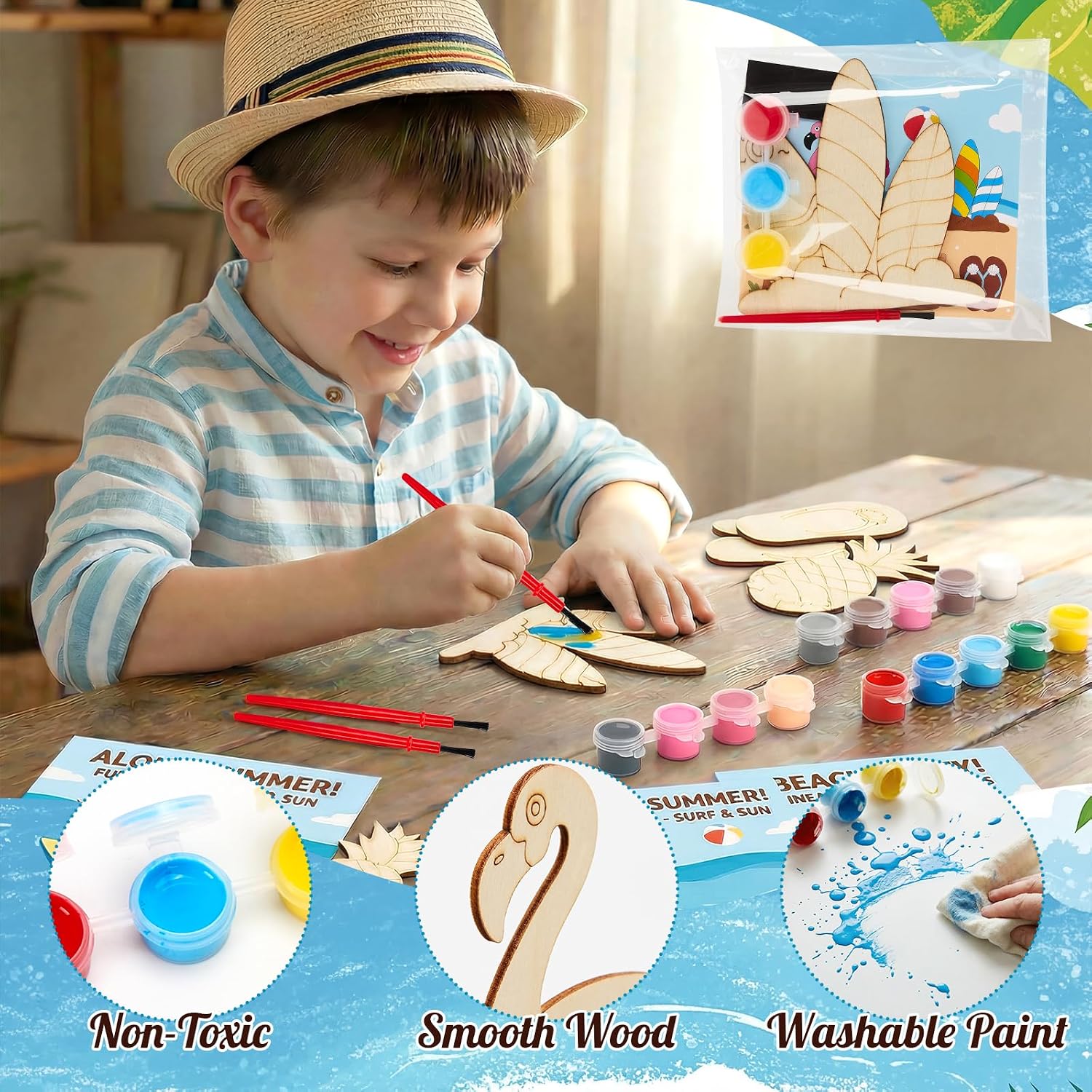 Bafeil 24 Pack Summer Beach Wooden Crafts Paint Kit - 8 Style Unfinished Wood Cutouts with Magnets, DIY Color Your Own Magnet Art Crafts for Party Favors, Classroom & Summer Activities