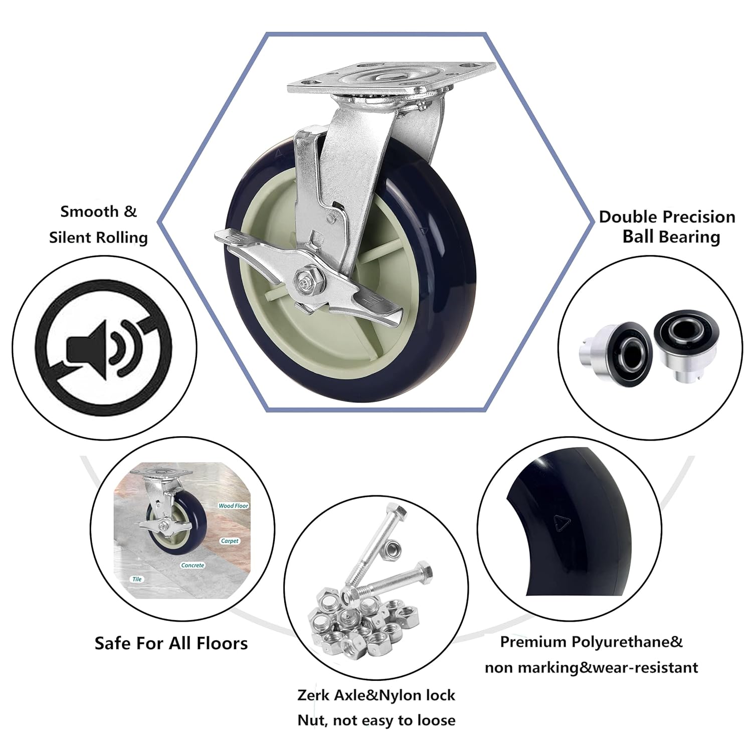 8"x2" Heavy Duty Caster Wheel-ndustrial Casters with Polyurethane Wheel and Precision Ball Bearing - 1200 Lbs Per Casters-Widely Used in Furniture,WorkBrench,Trail Jack(Brake)