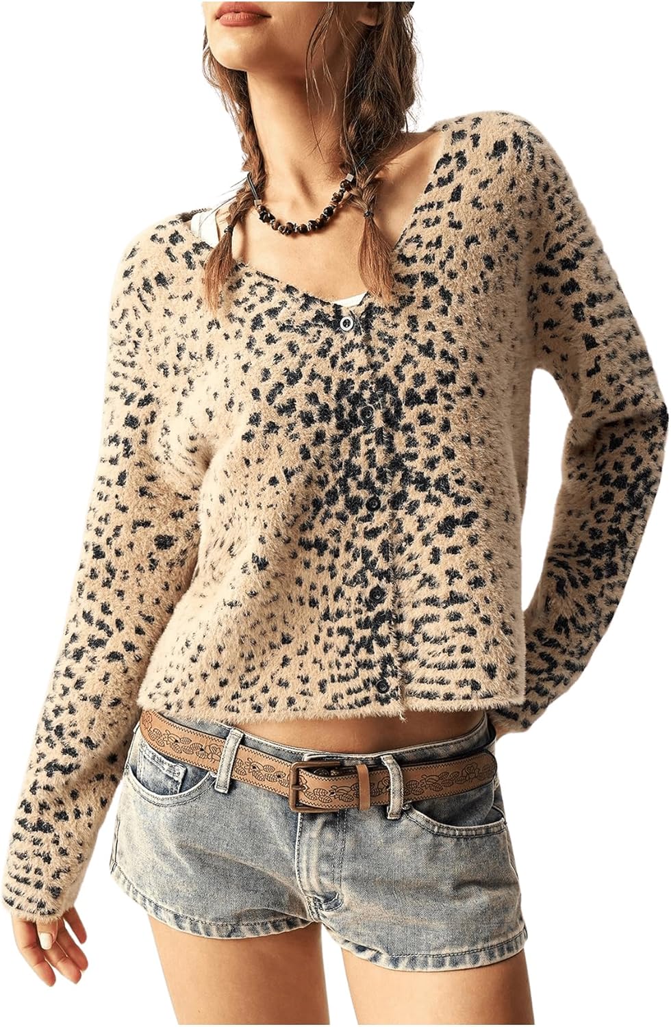 Women's Cheetah Cardigan Sweater Y2K Leopard Print Fuzzy Crop Cardigans Button Front Long Sleeve Outwear Knit Top