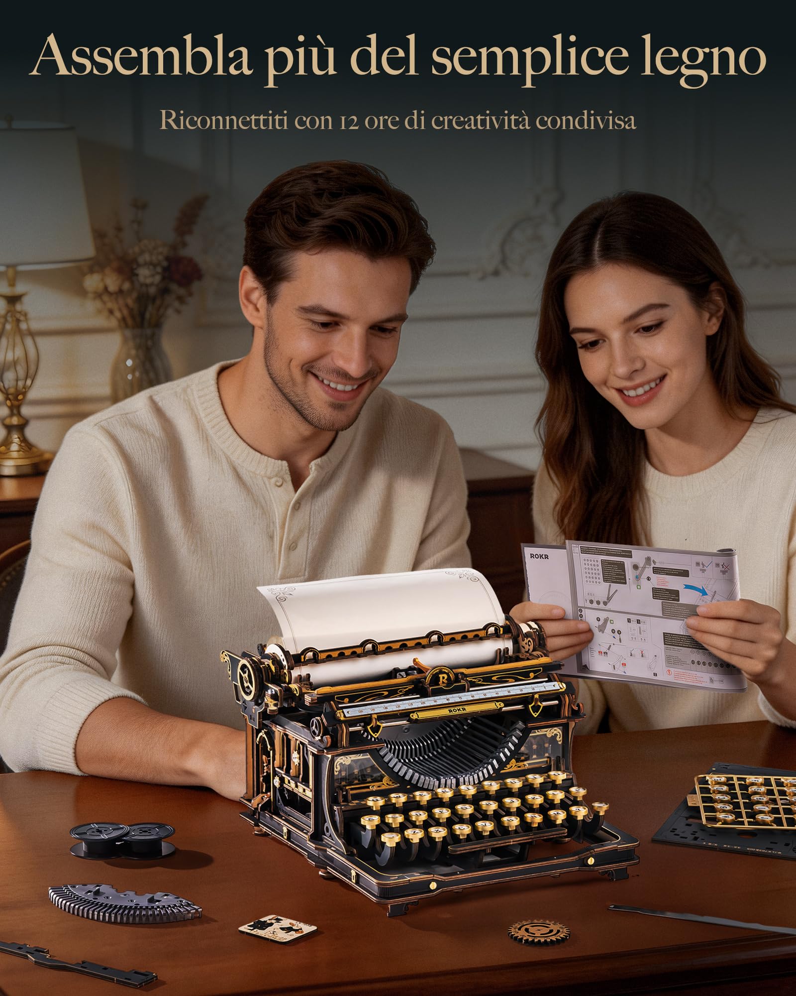 ROKR Puzzle 3D in Legno Macchina da Scrivere Meccanica Modellino Classica | Kit Costruzione Fai da Te per Adulti, Arredamento da Scrivania Retro, Mechanical Typewriter Versione Classica, LK703B