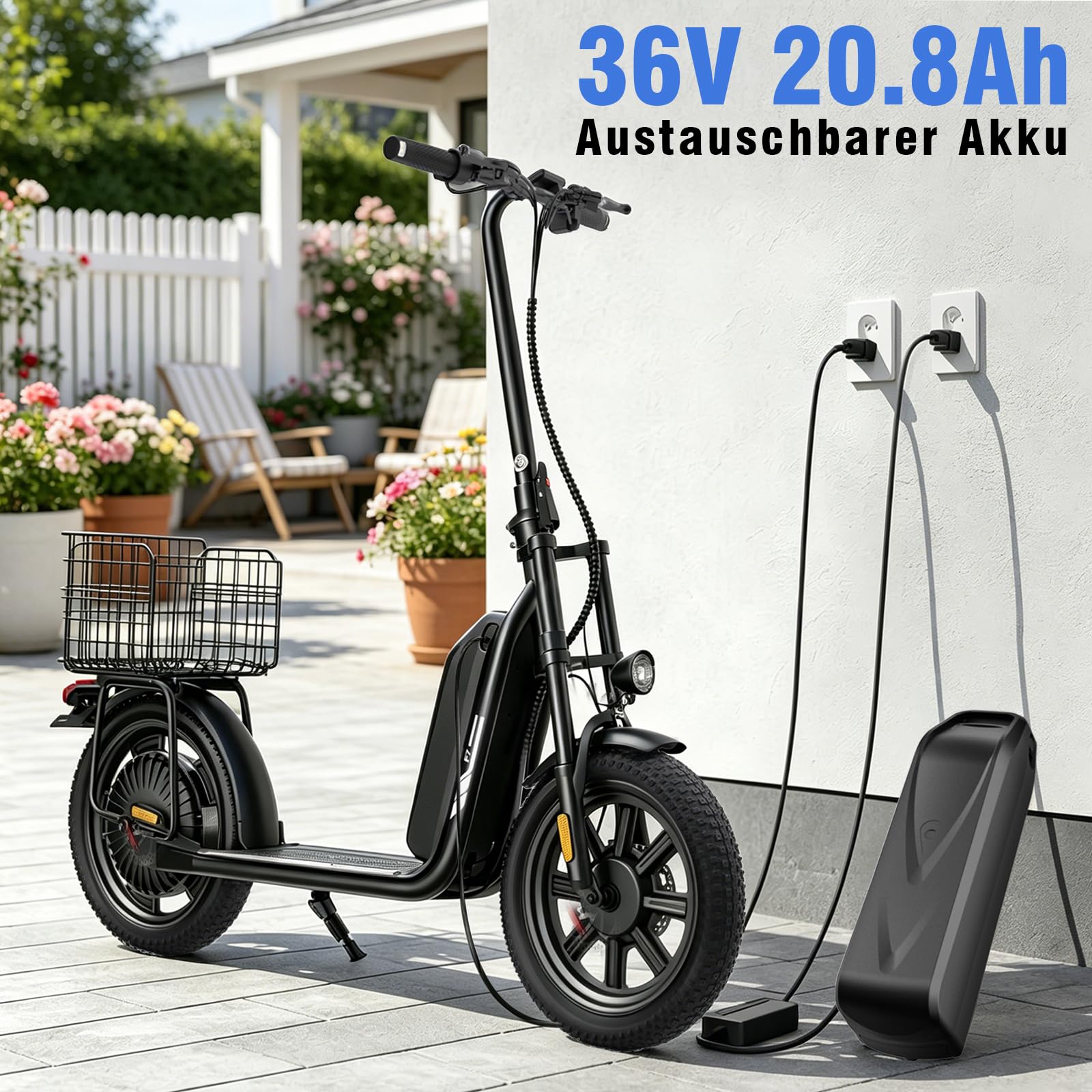 iScooter E Scooter mit Straßenzulassung für Erwachsene mit 16*3 Zoll Fat Winterreifen, 70-80km Reichweite ABE Faltbarer Elektroroller, Herausnehmbarer Akku, Korb, Stoßdämpfung, 150 kg Tragkraft, App