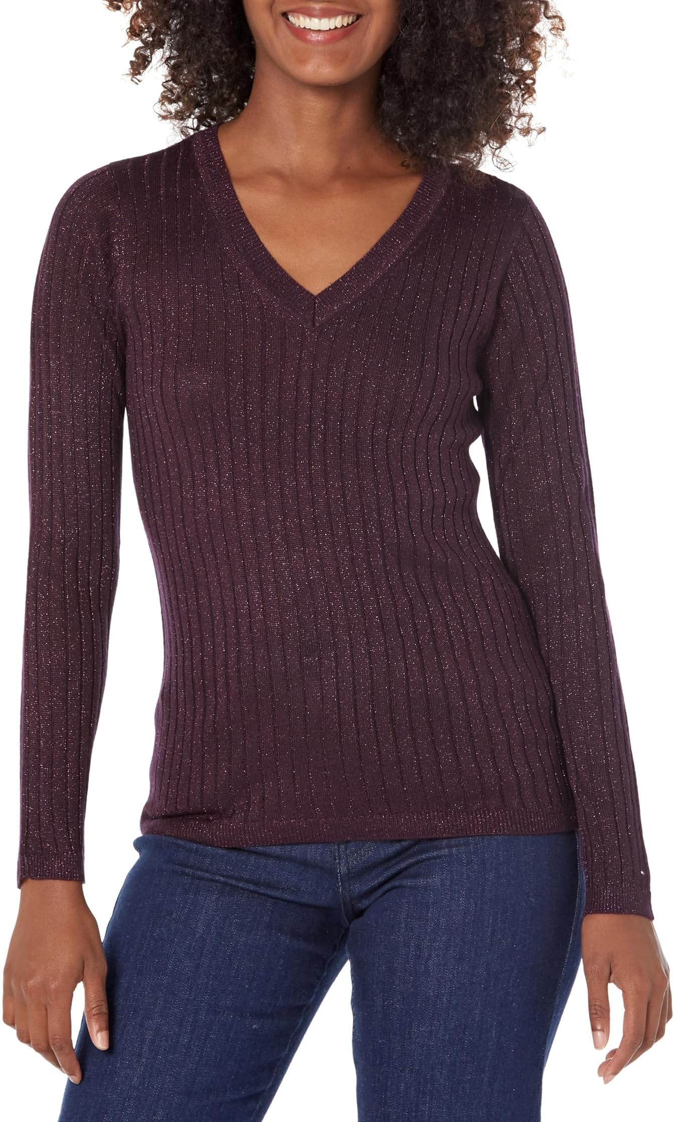 Tommy Hilfiger Women's Lightweight Vneck Metallic Sweater Pullover