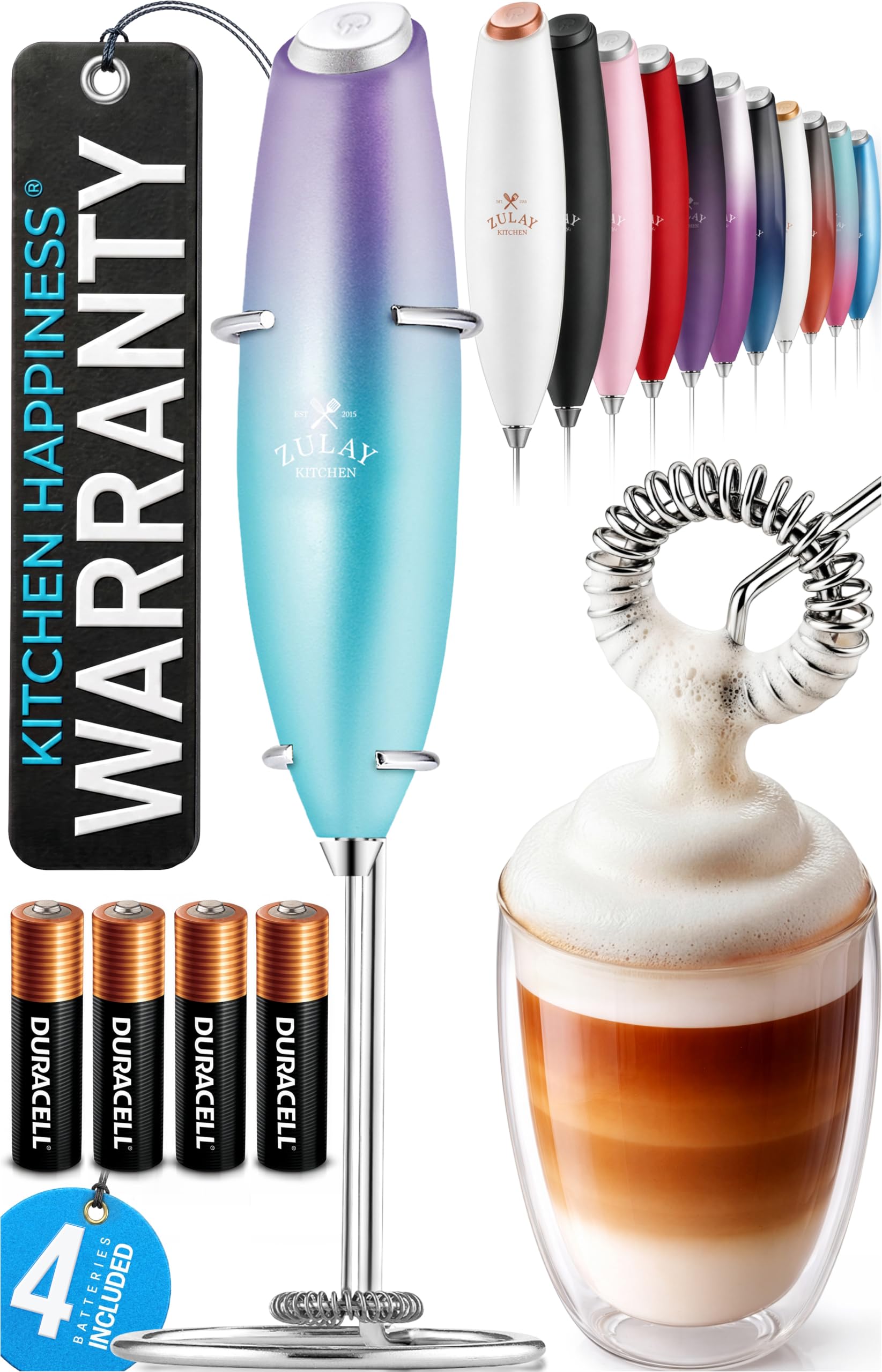 Zulay Kitchen Powerful Milk Frother Wand With Duracell Batteries - Ultra Fast Handheld Drink Mixer - Electric Whisk Foam Maker for Coffee, Lattes, Cappuccino &amp; Matcha - Z1 Motor - Borealis