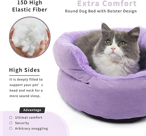 Miniatura 2 de Ligh Purple - Cama para perros XS lavable y redonda para gatos de interior, cama lavable para mascotas para cachorros y gatitos con parte inferior