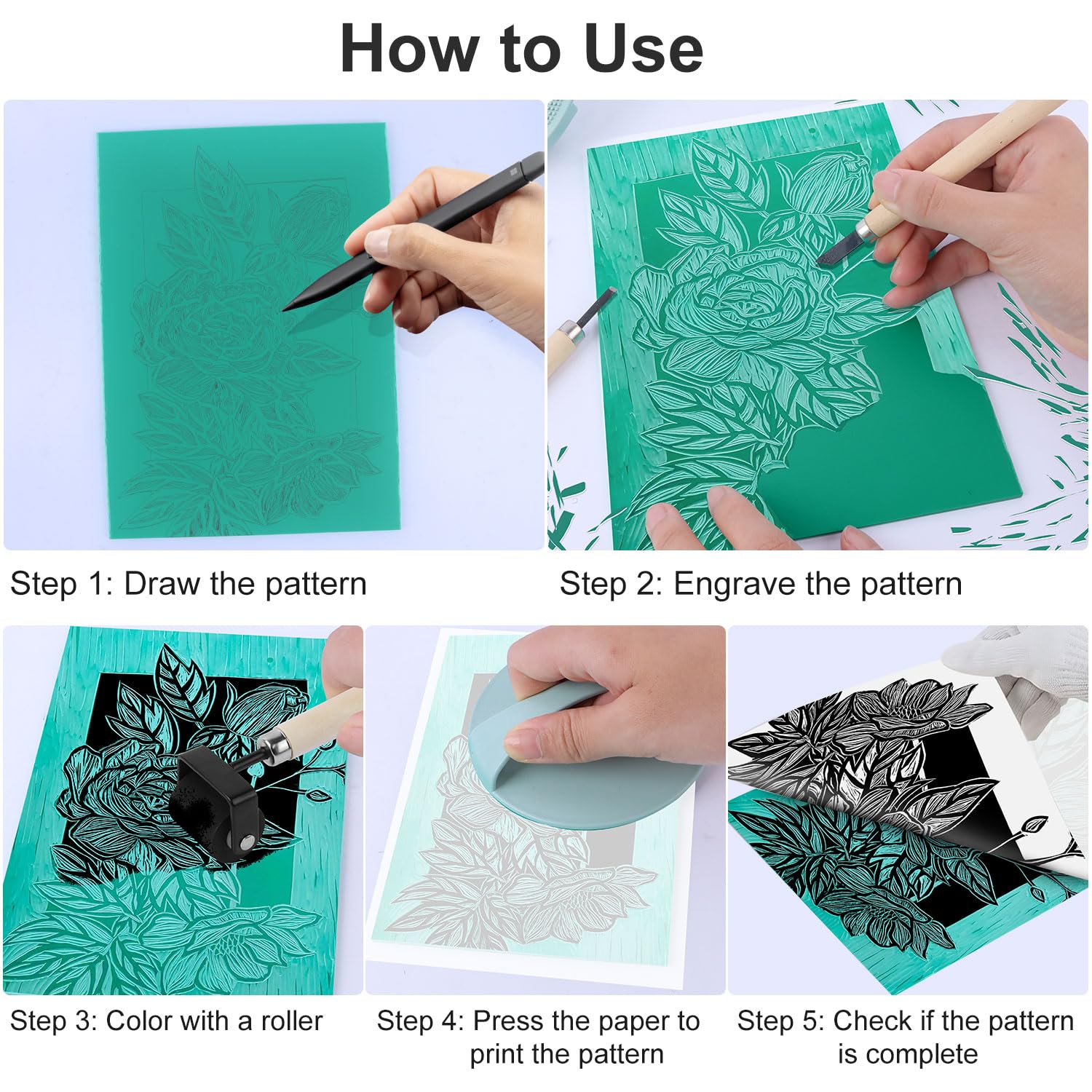 Kit voor het maken van rubberen stempels Linoleumsnijder met 6 messen Rubberen snijblok Calqueerpapier Scrollwiel DIY Crafting Art Tools  15