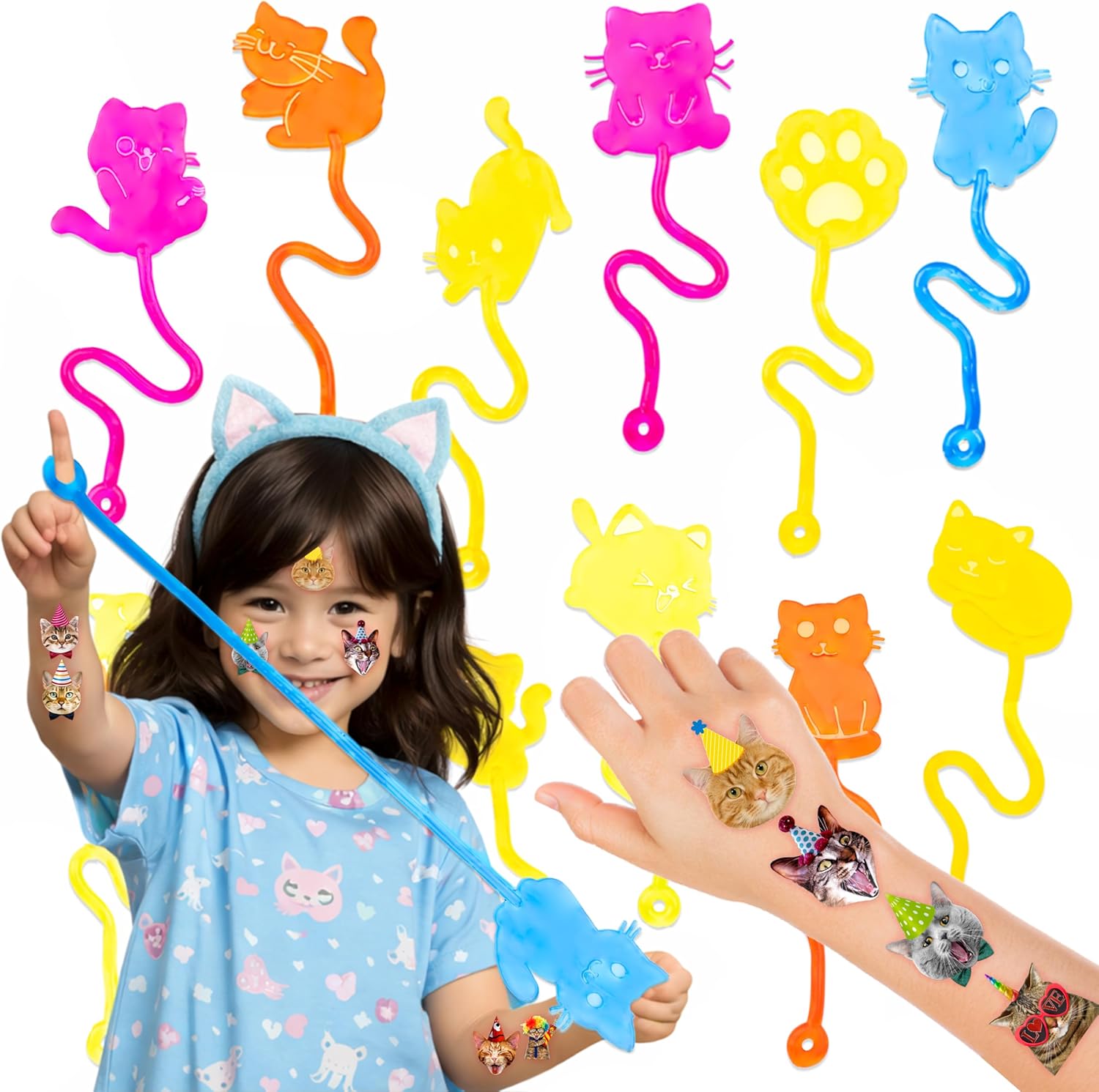 36PCS Cat Party Favors - 24PCS Temporary Tattoos 12PCS Stick Hands Perfect Birthday Supplies for Kids Stretchy Fidget Goodie Bag Stuffers Treasure Box Toys Classroom Prizes Student Gifts