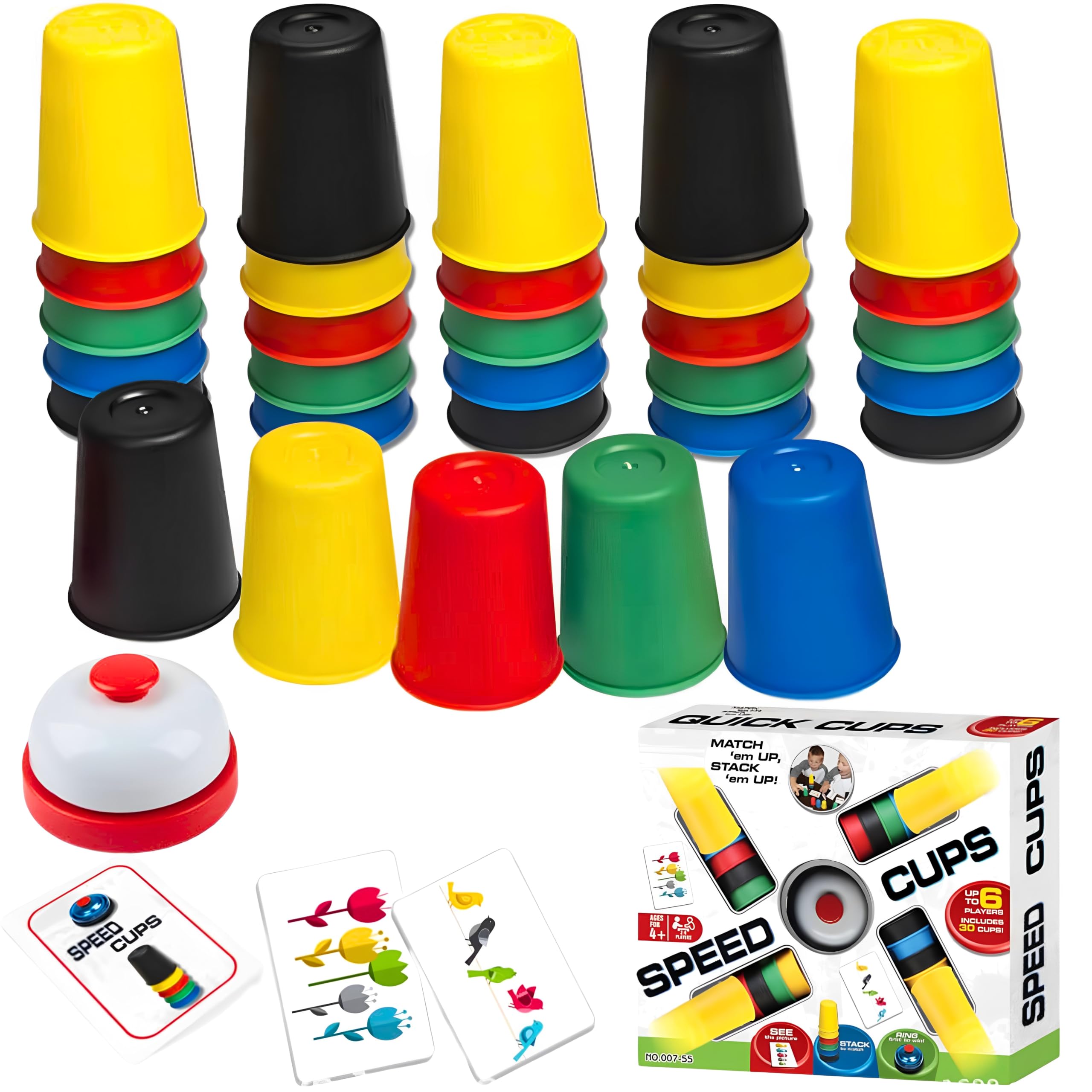 Quick Cups Games for Kids, Classic Speed Stacking Cup Game for Kids, Flying Stack Cup Parent-Child Interactive Game with 24 Picture Cards, 30 Cups (6 Sets of 5 Colors Each), Bell & Instruction