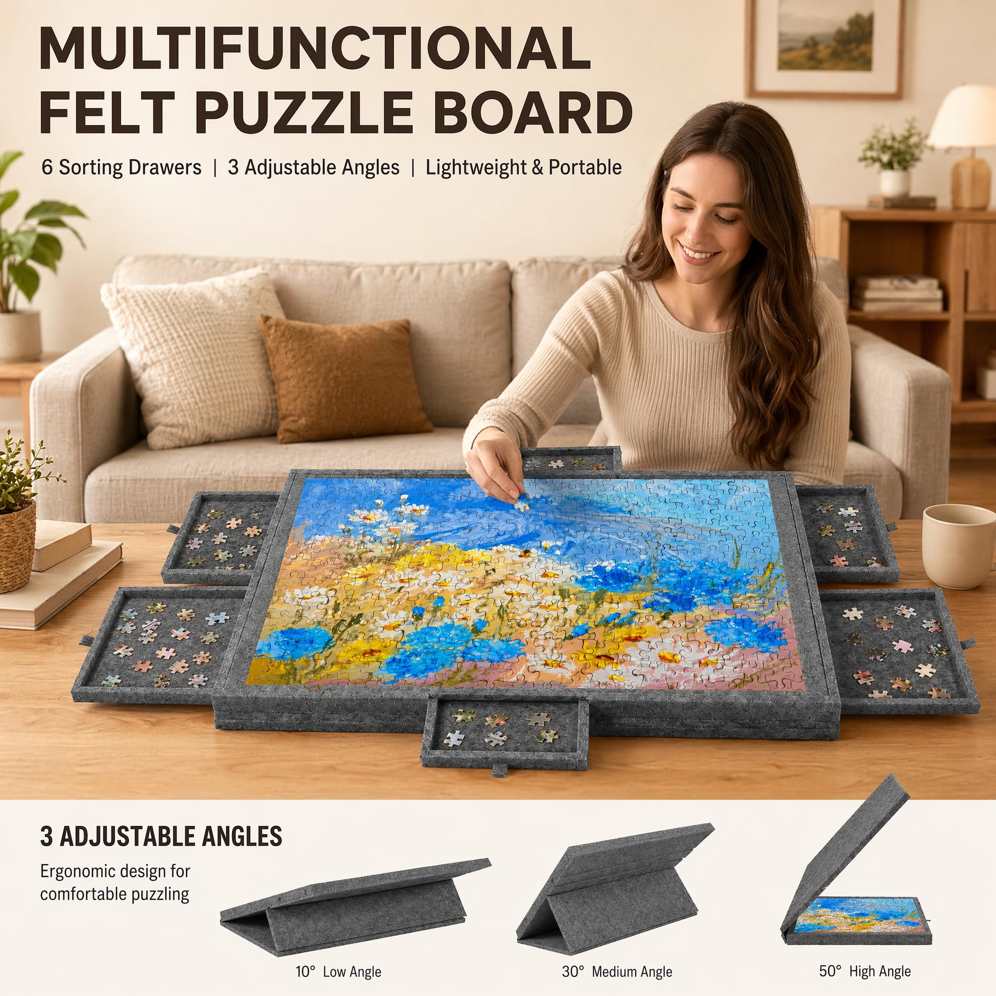 Tavola da puzzle inclinabile 2 in 1, con supporto e copertura, in feltro, leggera, portatile, con 6 cassetti, regalo per adulti