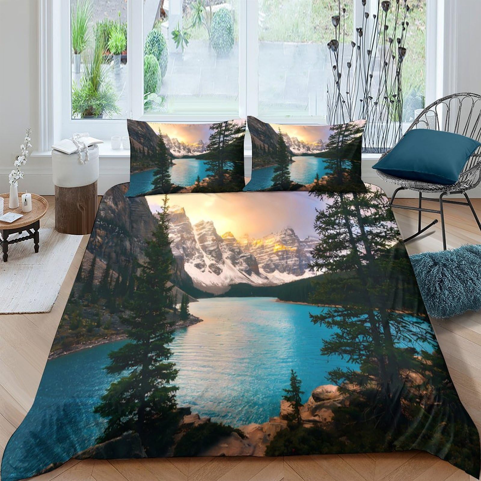 Ctjqhvkz Style-8 3D Printed Sunset Lake Fitted Sheet Microfiber Forest Landscape Bed Cover For Bedroom Guest Room Decor Machine Washable Single（135X200cm）