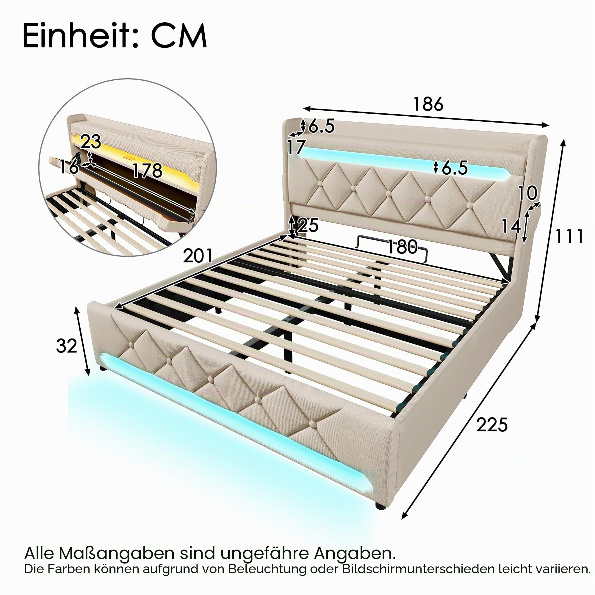 Polsterbett Doppelbett 180x200, LED Hydraulisches Bett Stauraumbett Jugendbett Funktionsbett Bettgestell mit Stauraum&Lattenrost, Stauraum Kopfteil mit USB Type-C Aufladen, Leinen, Ohne Matratze,Beige