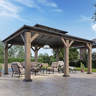 12' x 16' Outdoor Wood Gazebo, Hardtop Gazebo Permanent Wooden Pavilion with Galvanized Steel Double Roof, for Patio, Garden, Backyard, Cedar Wood